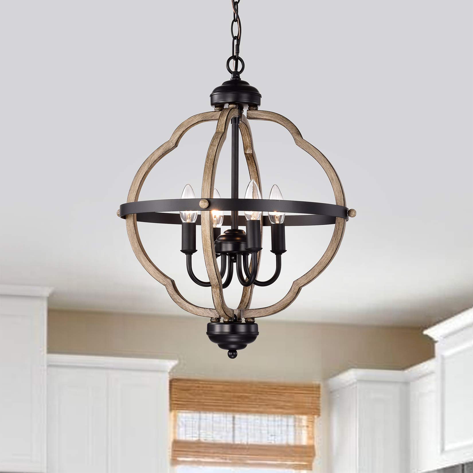 Matte Black Farmhouse Chandelier - 4-Light Adjustable Pendant Lighting with Wood Grain Finish | Industrial Ceiling Light for Kitchen Island, Dining Room, Living Room, Foyer & Entryway | Perfect for Rustic Home Decor and Open Concept Spaces