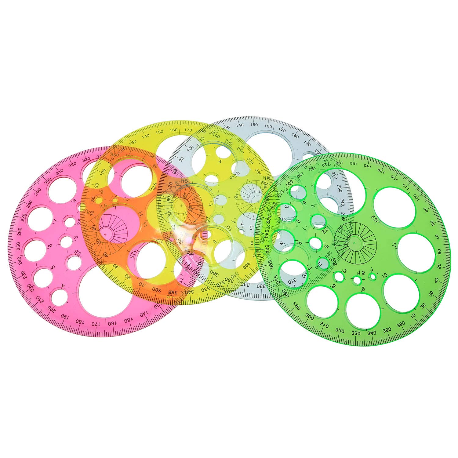 4-Piece Colorful Transparent 360 Degree Protractor and Circle Maker Set - Blue, Yellow, Green, Pink Templates for Small Circles | Perfect for Math Class, Engineering Drawings & DIY Craft Projects