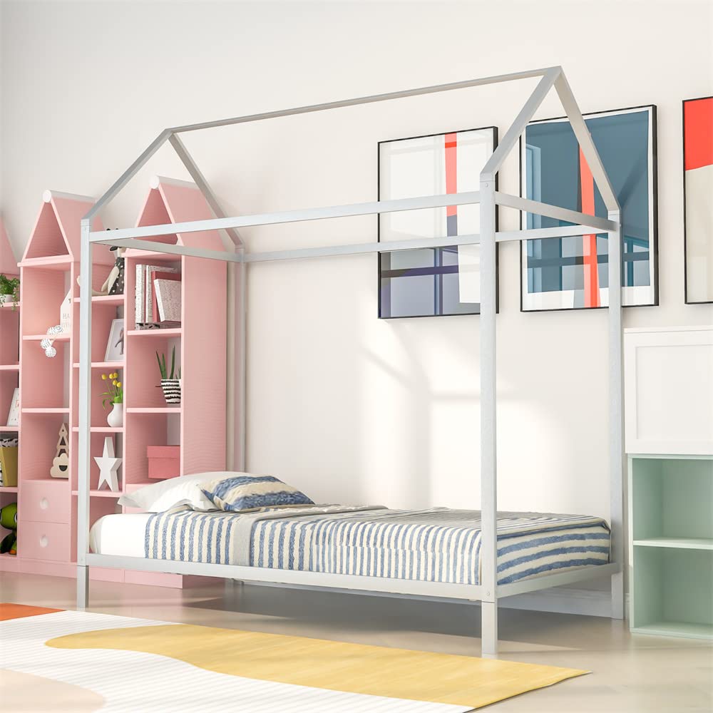 Adjustable Metal Twin Size House Platform Bed Frame with Roof - Sturdy Slats Support, No Box Spring Needed - Multifunctional Tent Bed for Teens & Kids - Silver - Perfect for Bedroom Decor, Playroom, or Sleepover Fun