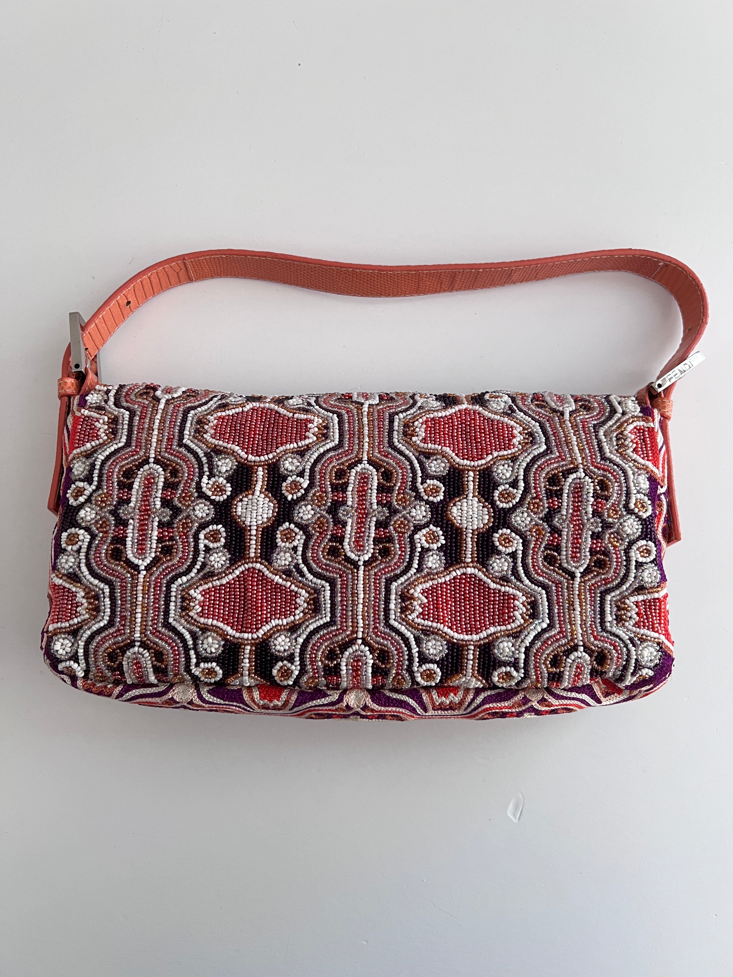 Fendi Orange Beaded Embroidered Baguette Bag - Luxury Designer Crossbody Purse for Women, Evening Parties & Special Occasions