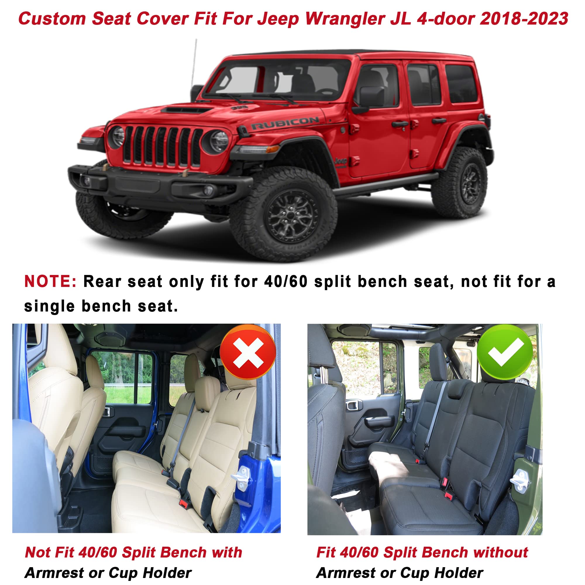 Premium Leather Seat Covers for Jeep Wrangler JL 4-Door 2018-2024 - Custom Fit Full Set with Black & Red Design - Durable Car Seat Protectors for Off-Road & Daily Driving