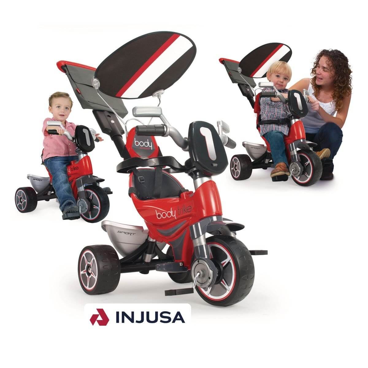 KidsVIP Kids Ride-On Stroller Trike with Canopy, Storage & Detachable Parent Push Handle - Injusa Body Sport Edition Toddler Tricycle Pushchair for Outdoor Walks & Park Adventures