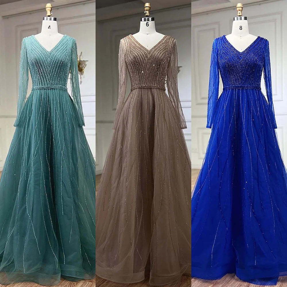 Elegant Muslim Turquoise Beaded A-Line Evening Dress for Dubai Luxury Formal Events - Serene Hill LA72228 | Perfect for Weddings, Galas, and Special Occasions