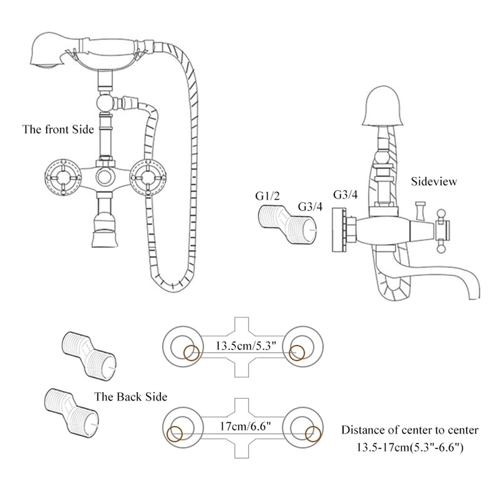 Antique Brass Bathtub Faucet with Handheld Shower - Luxury Wall Mount Tub Mixer Tap with Dual Handles - Vintage Bathroom Fixture for Classic & Modern Bathrooms
