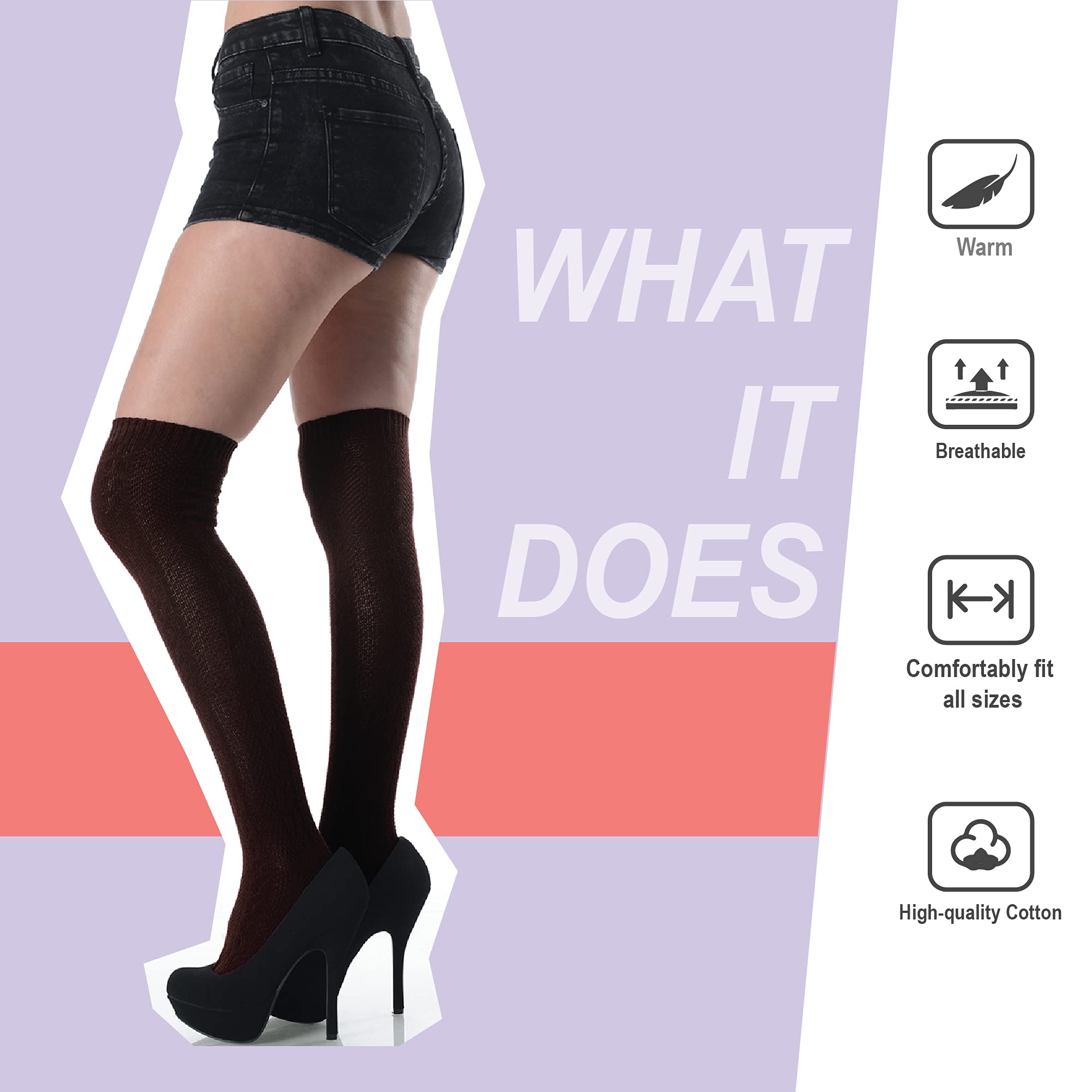 BASICO Women's Cotton Thigh High Socks - Soft Over Knee Stockings for Ladies - Perfect for Winter Warmth, Fashion Outfits & Cosplay Costumes