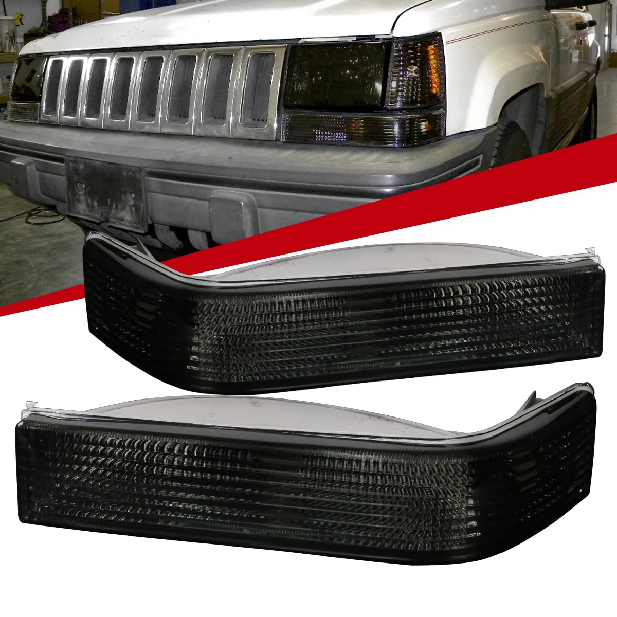 Smoke Tinted Headlights & Bumper Corner Lamps for 1993-1996 Jeep Grand Cherokee - Blackout Style Upgrade for Off-Road & Night Driving