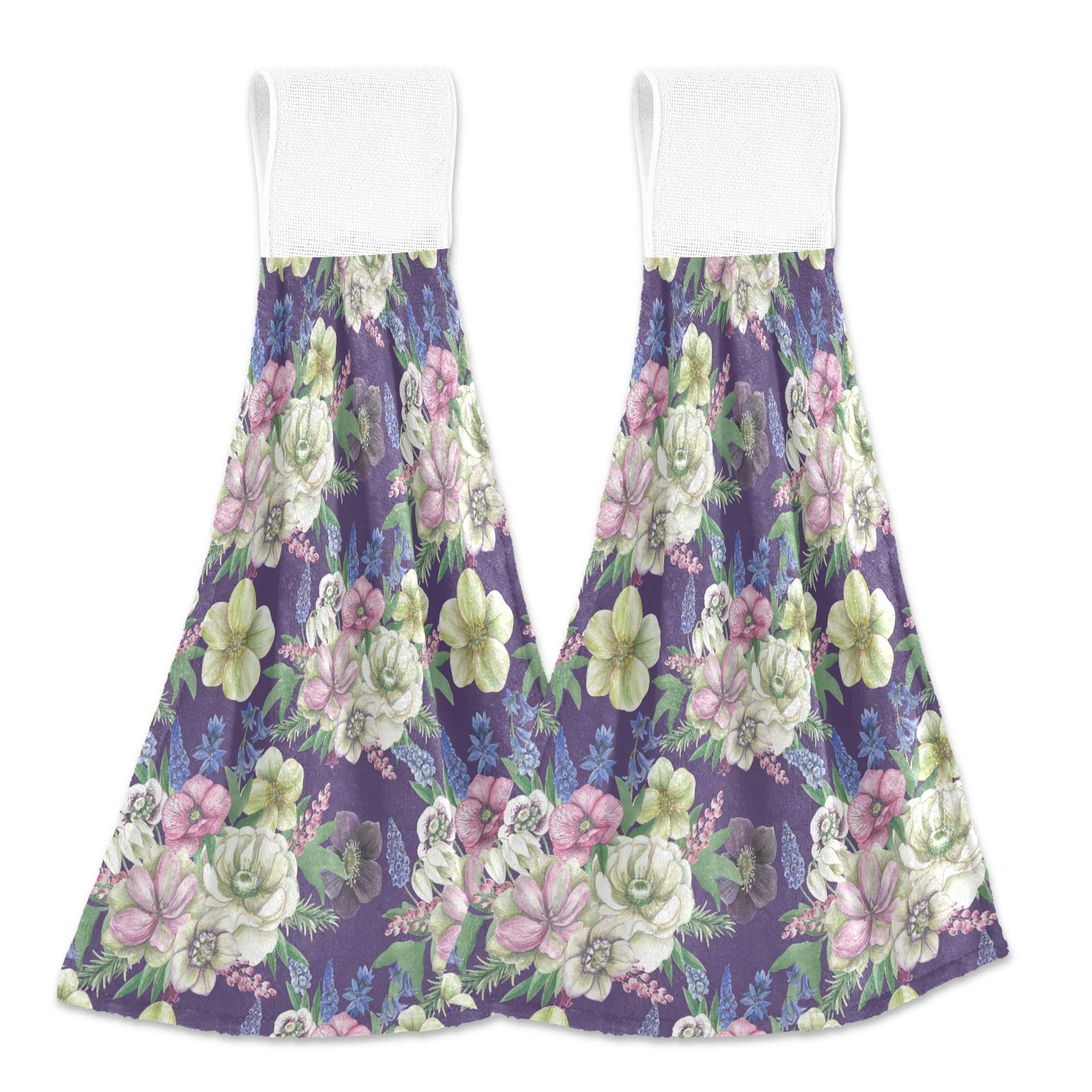 Alaza 2-Pack Premium Absorbent Kitchen Towels - Purple Floral Design with Hellebores & Muscari Flowers | Hanging & Hand Towels for Cooking, Baking & Dish Drying