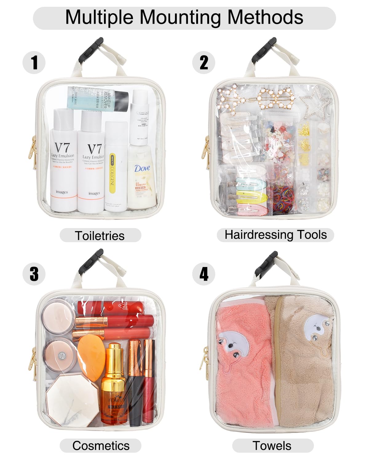 TSA Approved Clear Toiletry Bag Set - 2 Pack Quart Size 3-1-1 Compliant Travel Makeup Organizer | Waterproof PU Travel Cosmetic Bags for Airplane Carry-On (Off White) - Perfect for Airport Security & Weekend Getaways