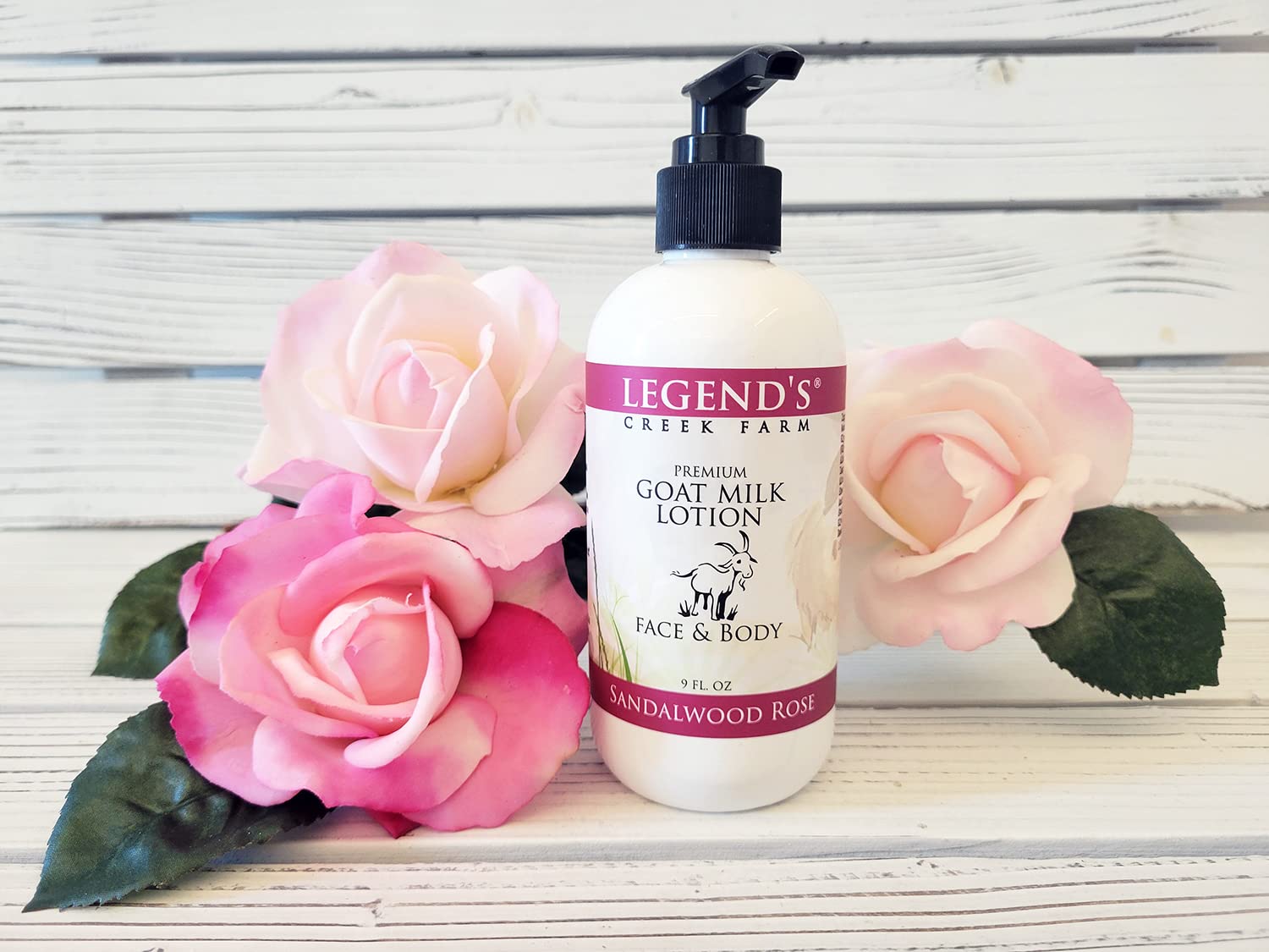 Legend's Creek Farm Goat Milk Lotion - 9 oz Moisturizing Body Lotion for Dry Skin with Shea Butter, Sunflower Oil & Aloe - Handmade in USA for Face, Hands & Body (Sandalwood Rose Scent) | Perfect for Daily Hydration, After-Shower Care & Gift Giving