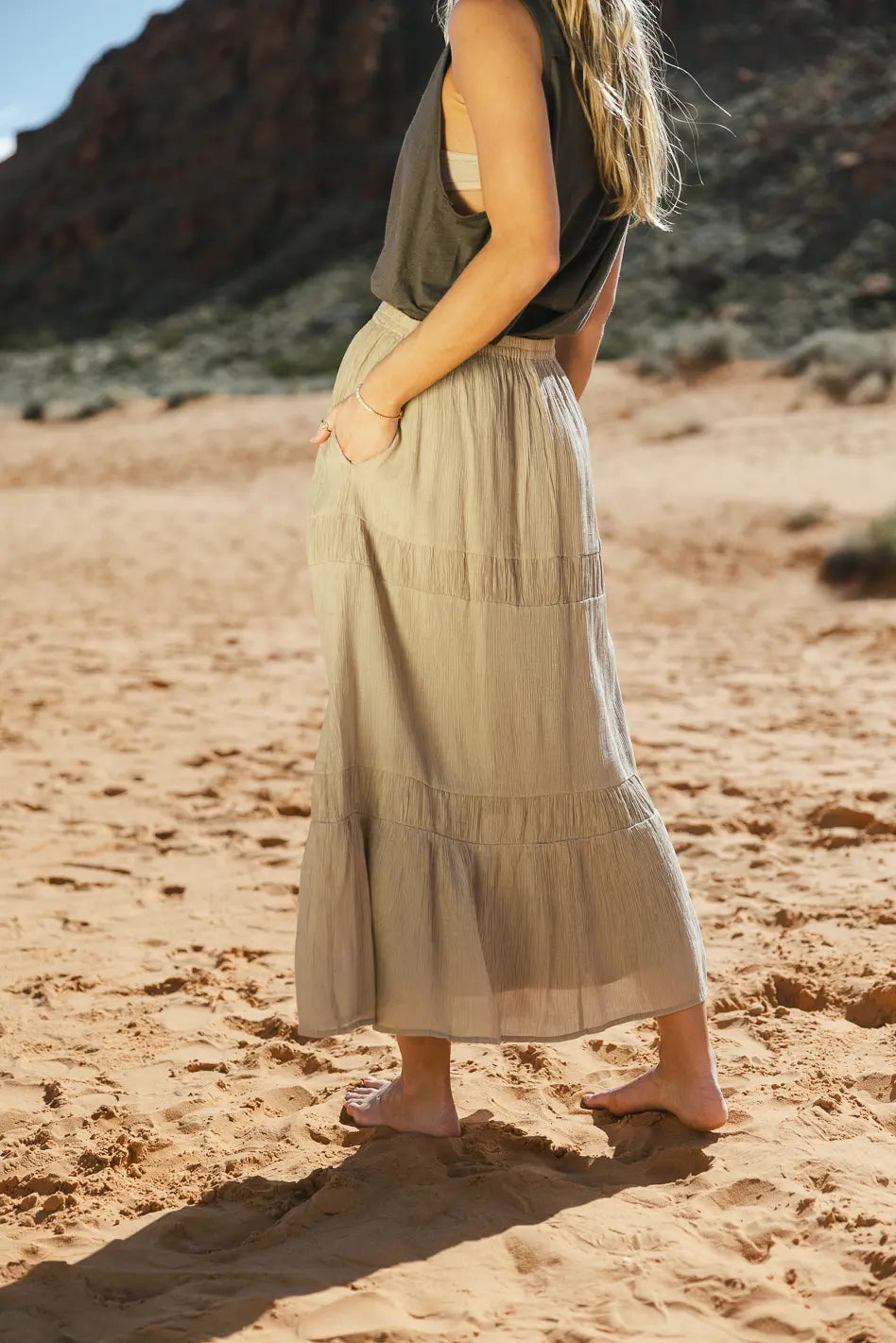 Women's Mckenna Textured Skirt in Olive Green - A-Line Midi Skirt with Elastic Waist | Perfect for Office Wear, Casual Outings & Fall Fashion | FINAL SALE