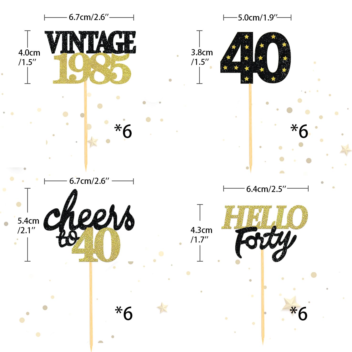 24 Pcs Black & Gold Glitter 40th Birthday Cupcake Toppers - Elegant 40th Anniversary Party Decorations for Women & Men - Perfect for Milestone Birthday Cakes, Desserts, and Celebration Events