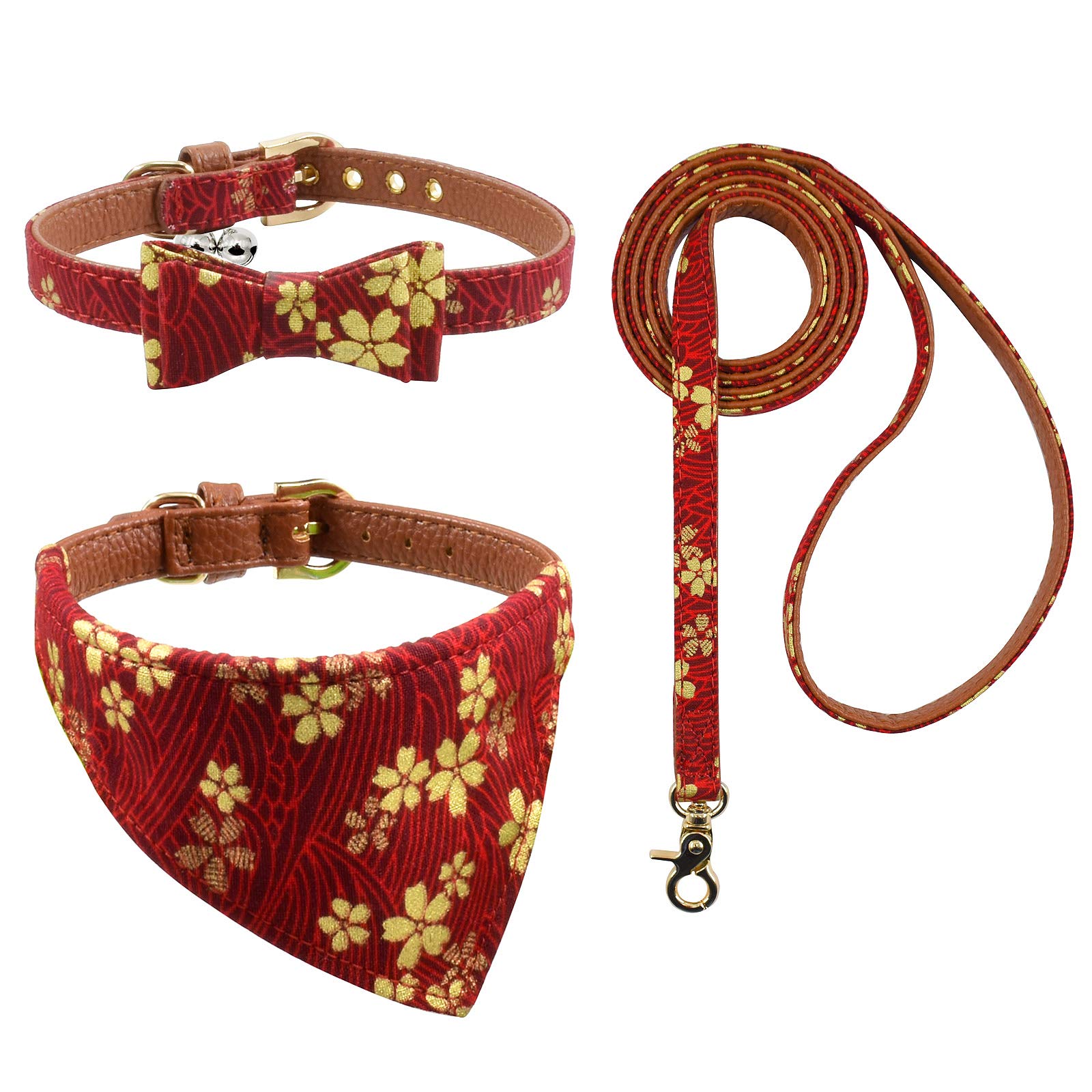 3PCS Adjustable Bow Tie Dog Collar & Leash Set with Matching Bandana - Plaid, Camo, Dots & Floral Patterns for Small Dogs, Puppies & Cats (XS, Red Flower) | Perfect for Pet Parties, Daily Walks & Photo Shoots