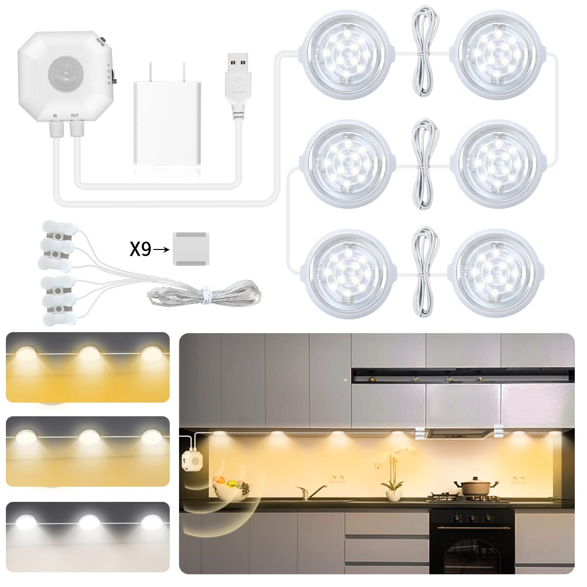 Daymeet Dimmable LED Puck Lights Kit with Motion Sensor - USB Plug in Under Cabinet Lighting for Kitchen, Wardrobe, Hallway & Bedroom | Energy Saving Closet Lights, Night Lights & Counter Lights for Home & Office Use