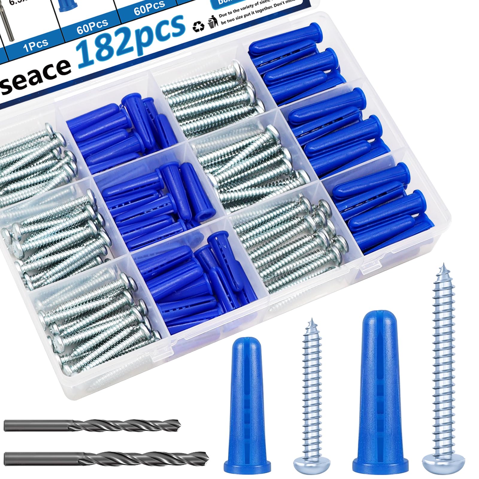 182PCS Heavy Duty Concrete Anchors Kit with Masonry Screws & Drill Bits - 90PCS Wall Anchors, 90PCS Brick Screws for Concrete, Brick & Block - Perfect for Hanging Shelves, TV Mounts & Outdoor Fixtures