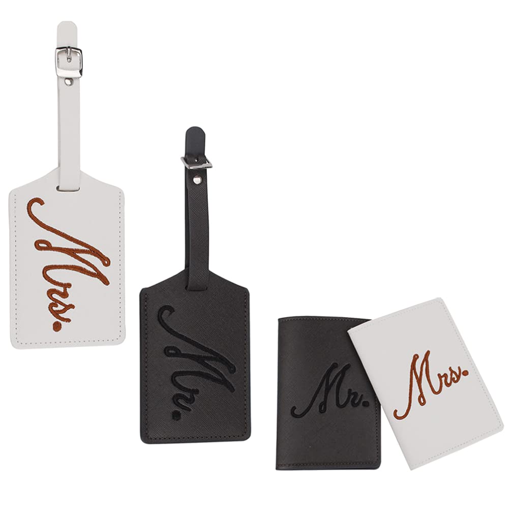 Cabilock 4Pcs Leather Luggage Tags - Mr & Mrs Passport Holder, Suitcase ID Labels, Travel Bag Tags with Business Card Slot | Perfect for Couples Travel, Honeymoon, Business Trips & Backpacking
