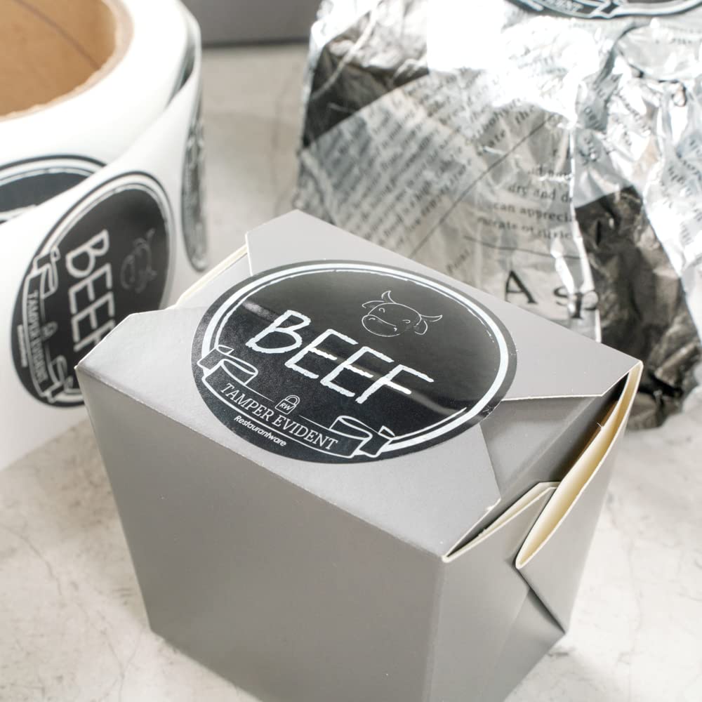 Restaurantware Label Tek 2 Inch Tamper-Evident Stickers for Beef - 500 Rolled Tamper Seal Stickers with Chalkboard Design | Safe Food Delivery | Black Plastic Stickers with White Font | Ideal for Takeout Containers, Grocery Packaging & Food Safety Compliance