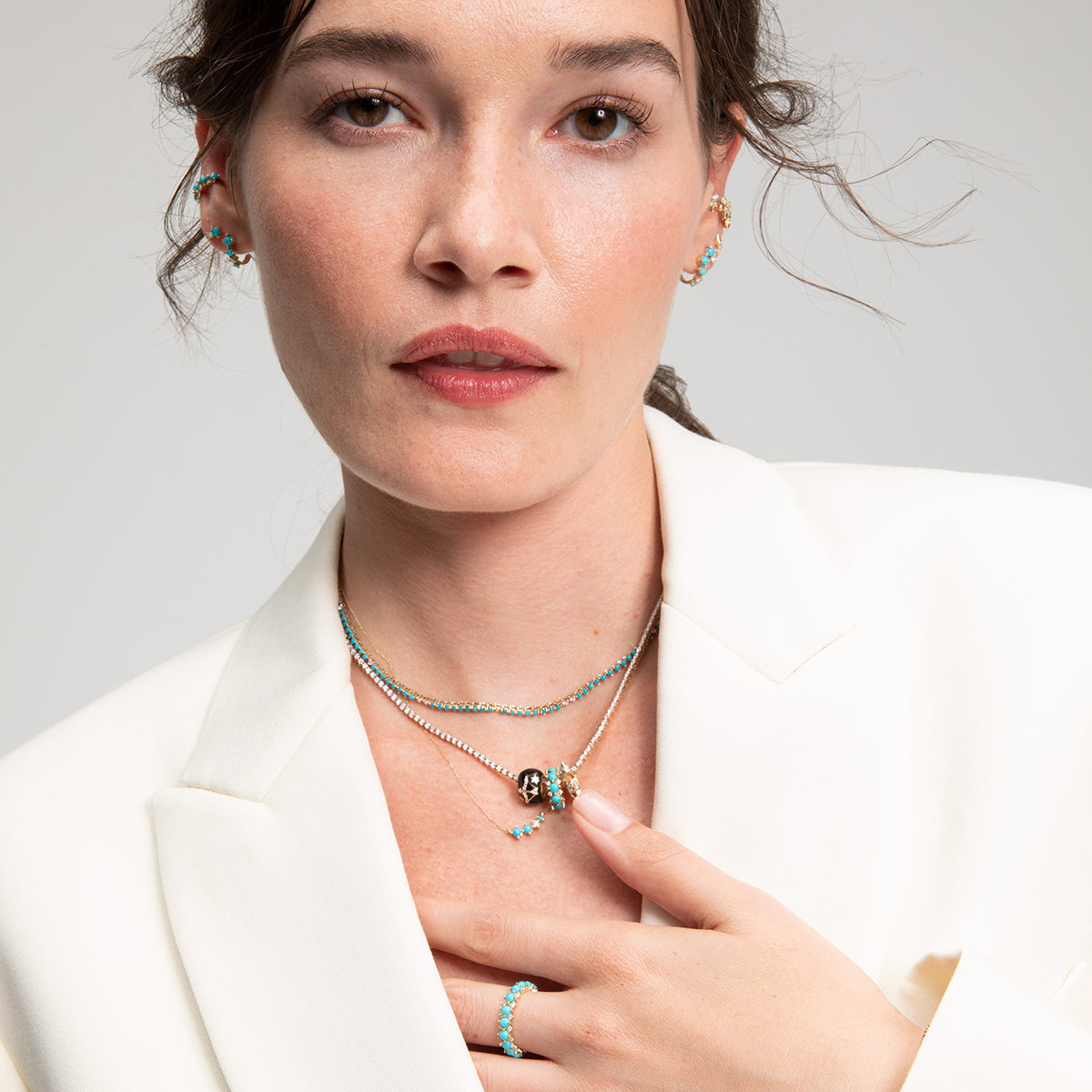 Elegant Graduated Turquoise and Diamond Curve Necklace | Handcrafted Jewelry for Women | Perfect for Weddings, Parties & Special Occasions