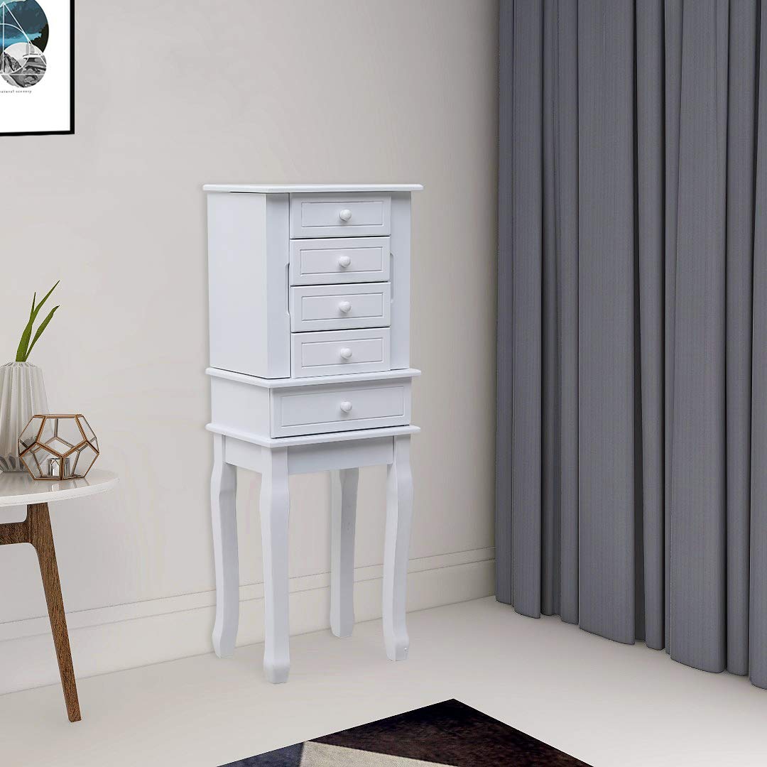 White Jewelry Armoire Cabinet with Mirror - 5 Drawers & 14 Necklace Hooks, Standing Jewelry Storage Chest with Top Organizer & 2 Side Swing Doors - Perfect for Bedroom, Closet or Dressing Room Organization