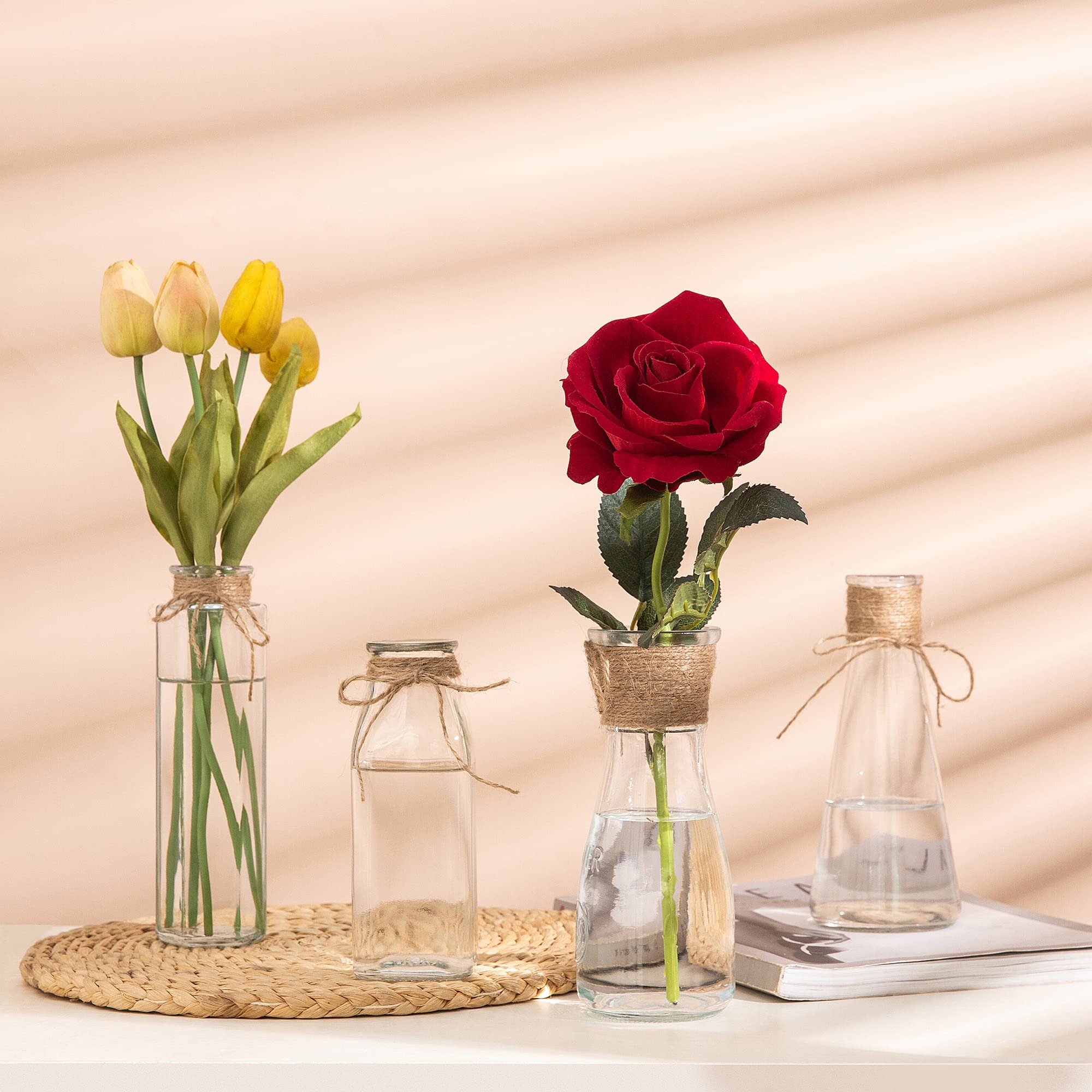 10 Pack Small Clear Glass Vases with Rope Design - Unique Shapes Flower Vases for Home Decor, Wedding Centerpieces, Holiday Table Decorations & DIY Floral Arrangements