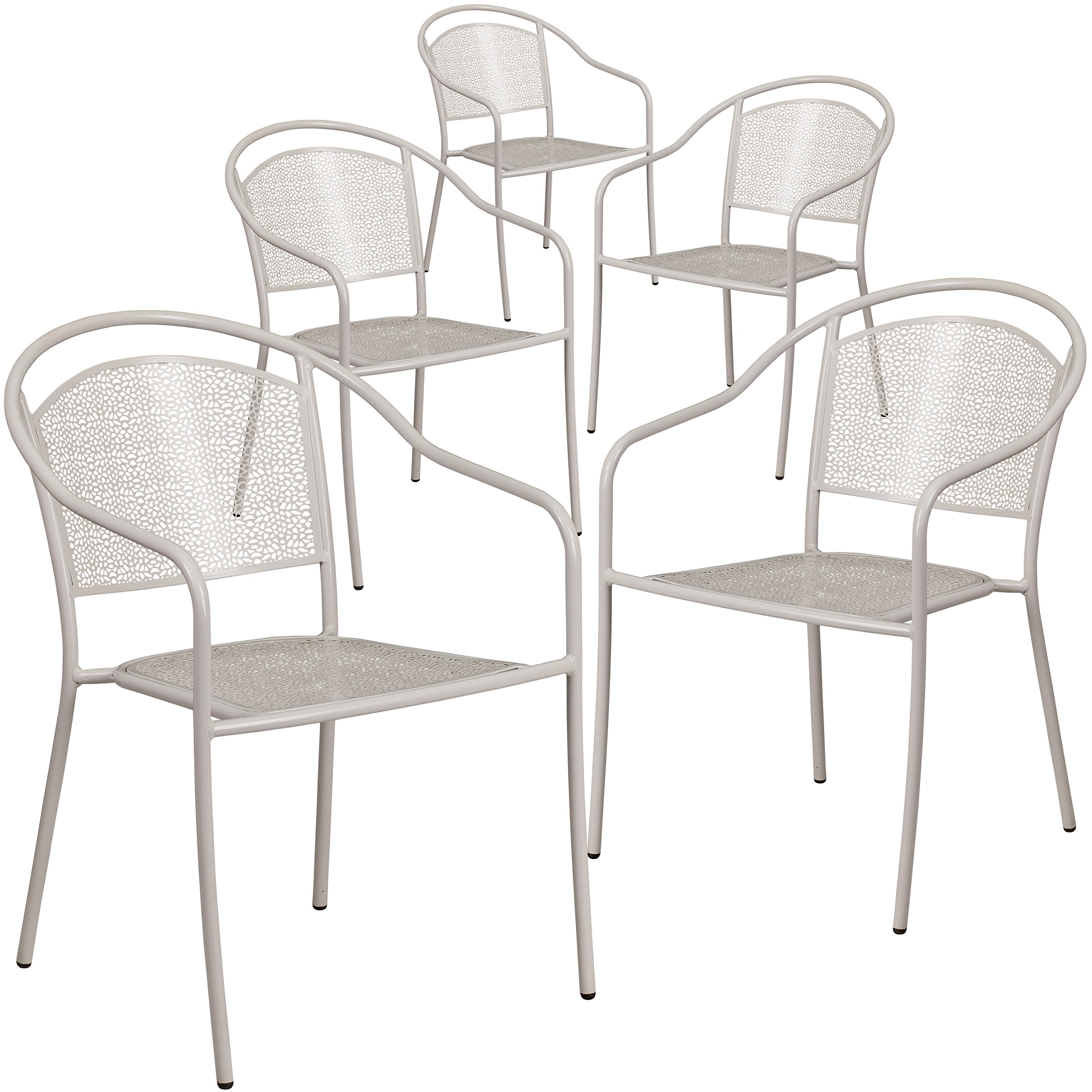 Flash Furniture Oia Commercial Grade 5-Pack Light Gray Steel Patio Arm Chairs - Indoor Outdoor Dining Chairs with Round Back - Perfect for Restaurants, Cafes, and Backyard Gatherings