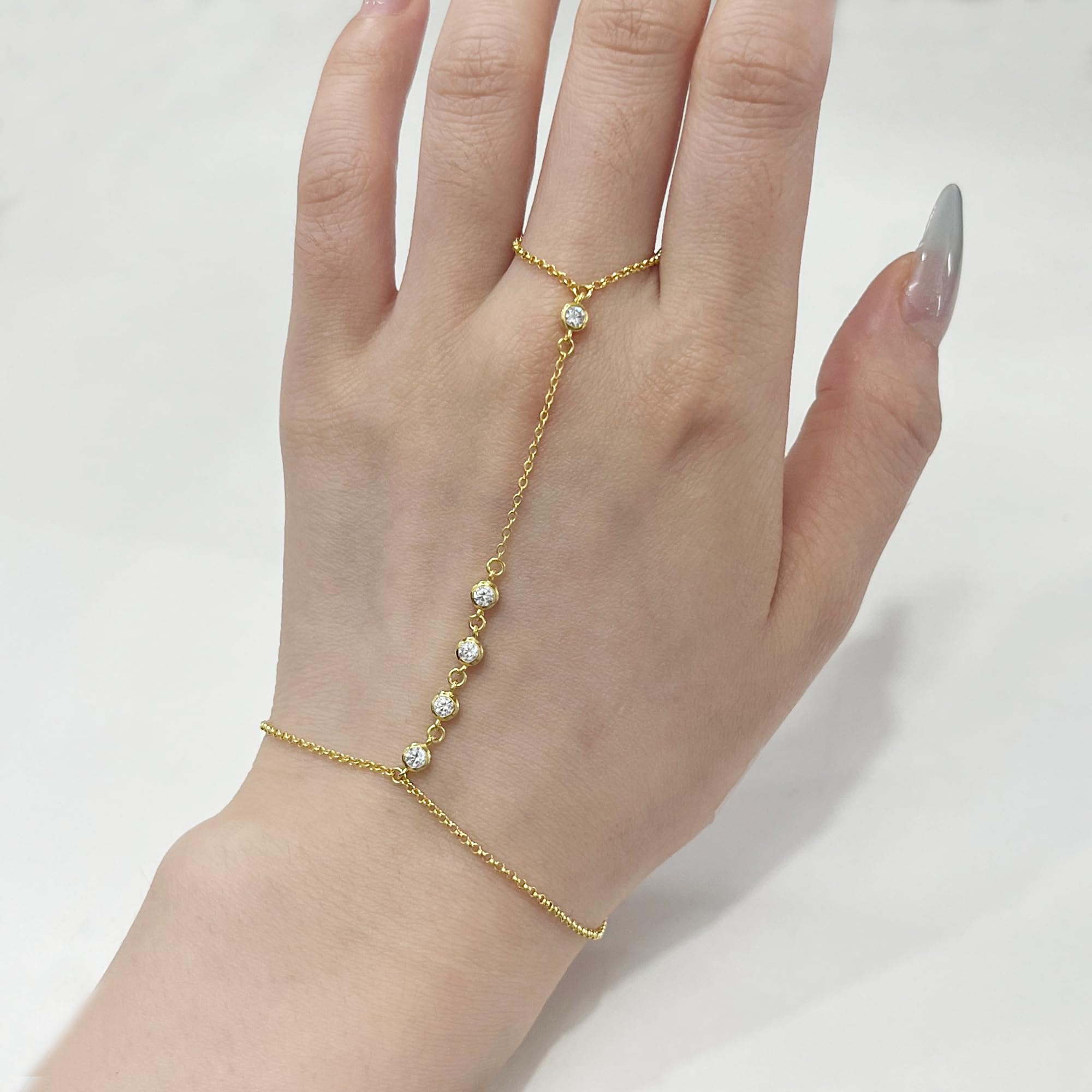14K Gold Plated CZ Diamond Ring Bracelet Hand Chain - Sterling Silver Finger Ring & Bracelet Set for Women - Adjustable 7