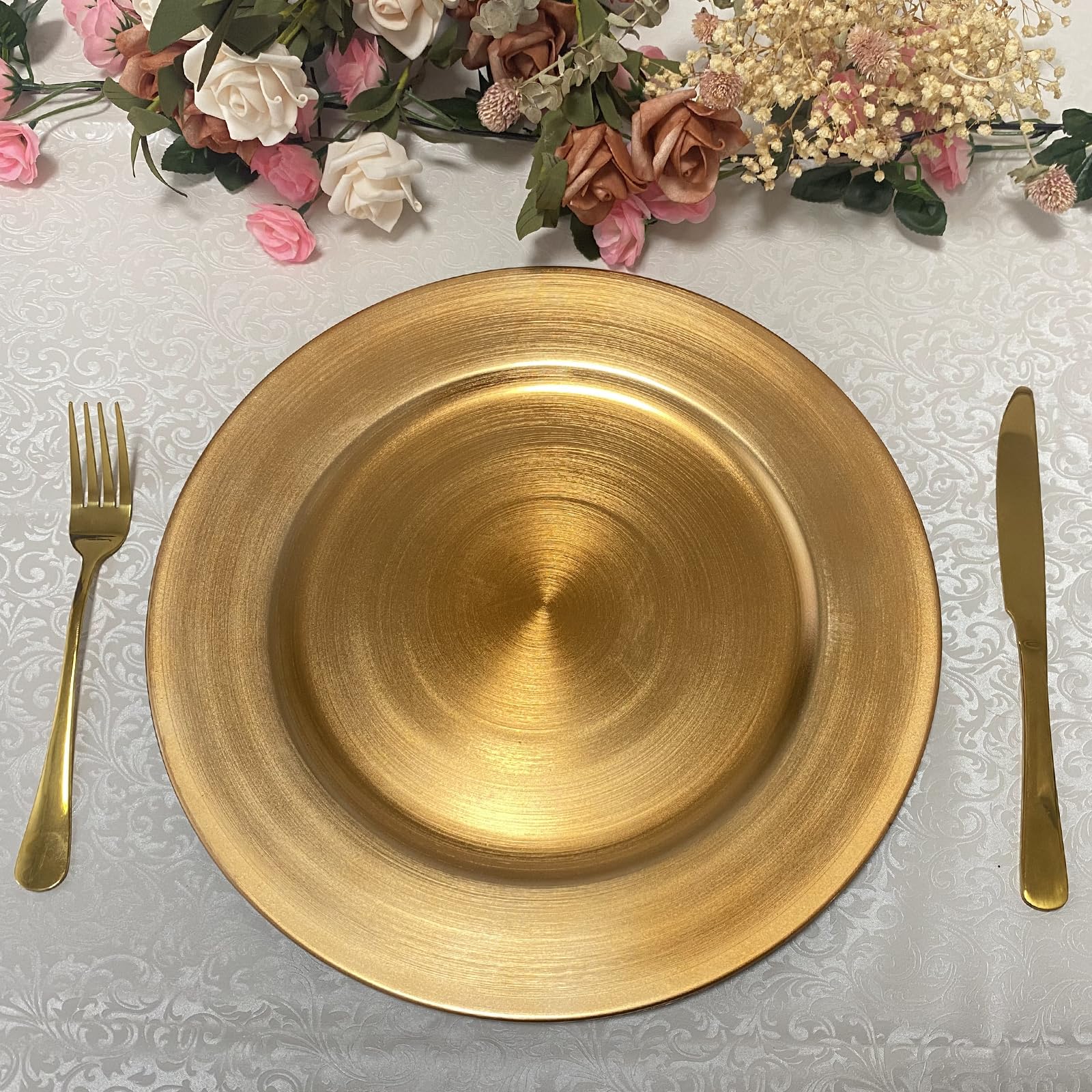 13 Inch Round Plastic Charger Plates Set of 8 - Elegant Gold Metallic Foil Dinner Plates for Wedding, Party, Banquet & Special Events - Perfect for Formal Dining, Buffet Service & Table Decorations