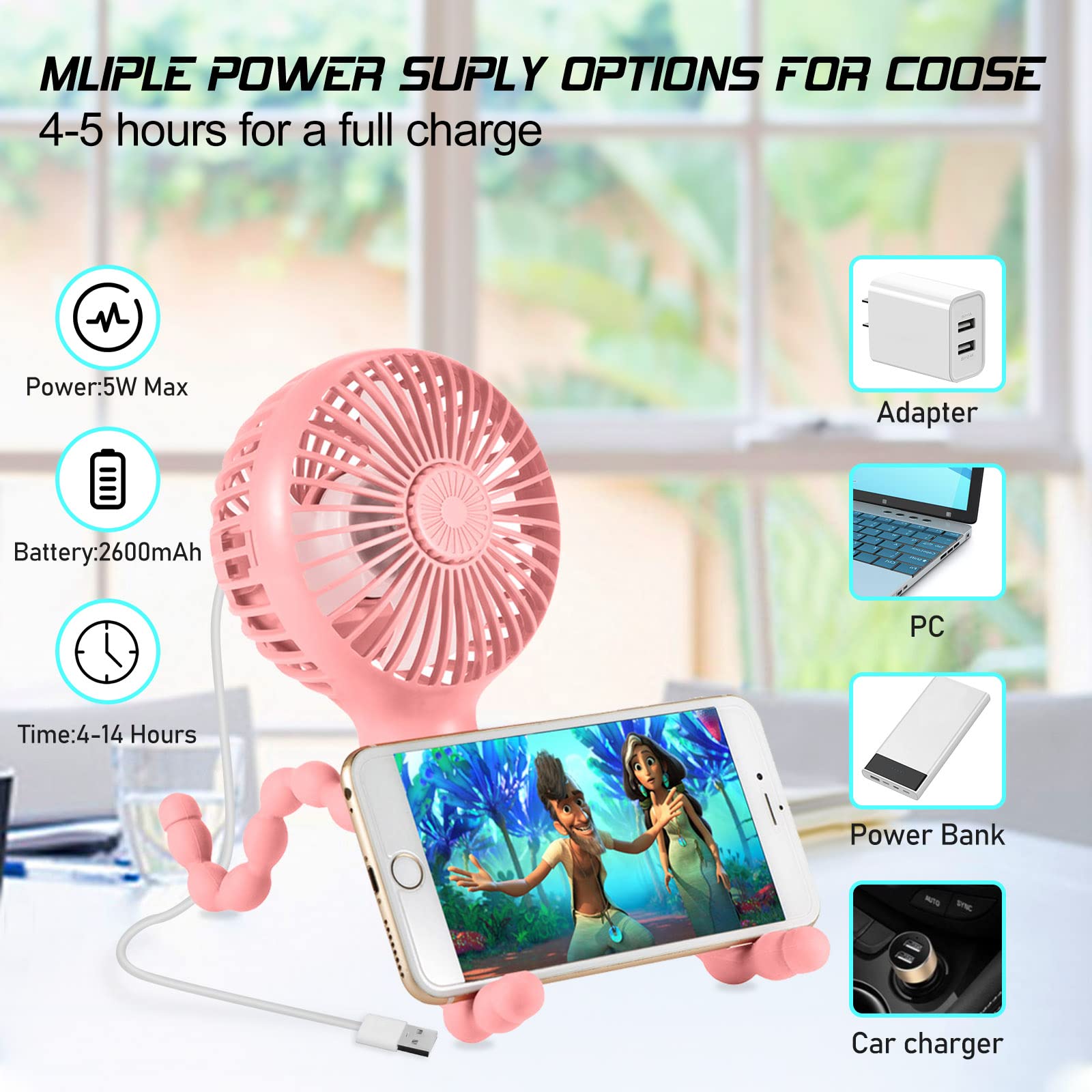 Upgraded Stroller Fan - Mini USB Rechargeable Battery Operated Desk Fan with Flexible Tripod & 3 Speed Settings | Portable Clip On Fan for Baby Car Seat, Crib, Treadmill, Office & Home Use (Pink)