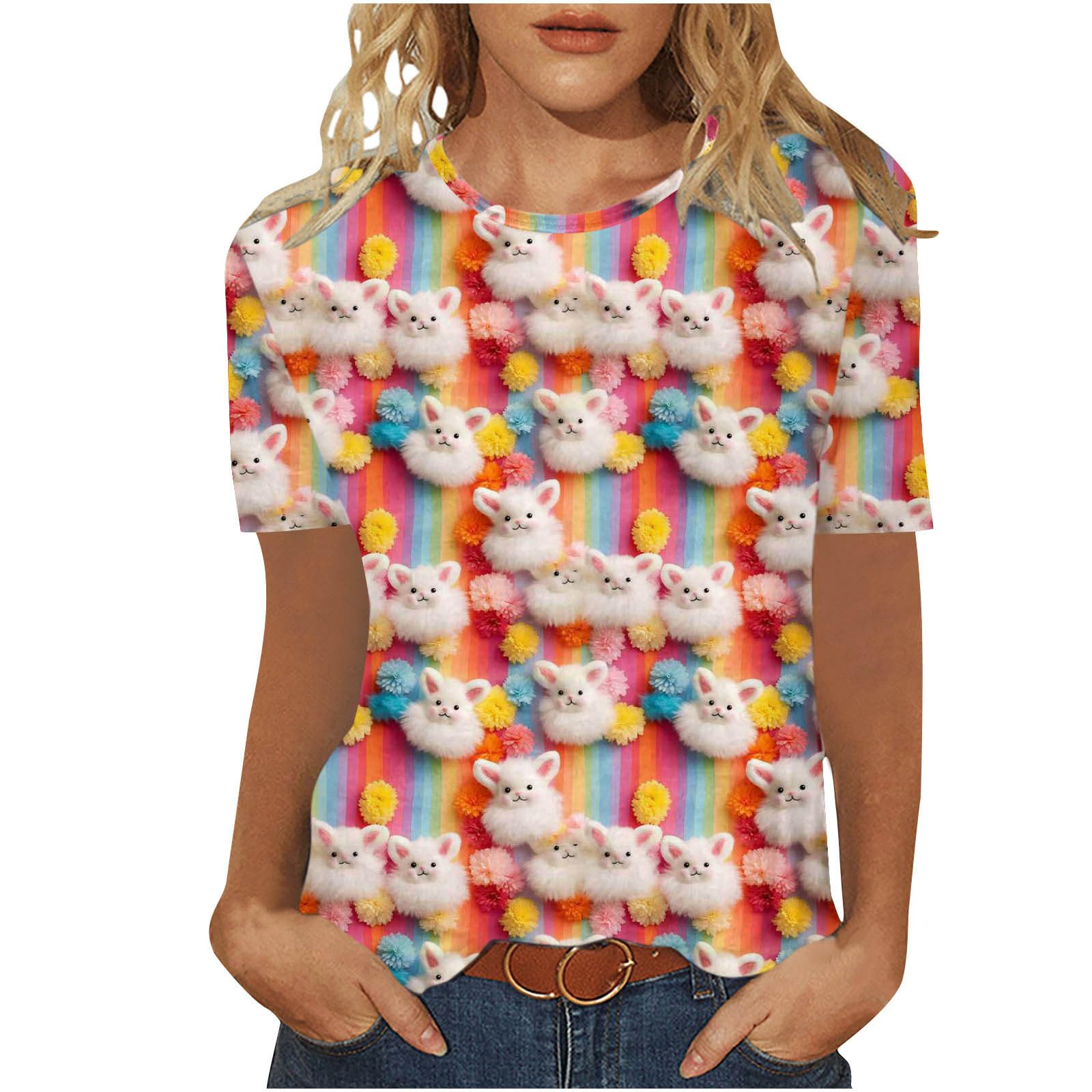 2024 Women's Funny Graphic Easter T-Shirt - Short Sleeve Novelty Print Top for Summer - Plus Size Casual Tee - Perfect for Easter Celebrations, Spring Outings & Summer Vacations