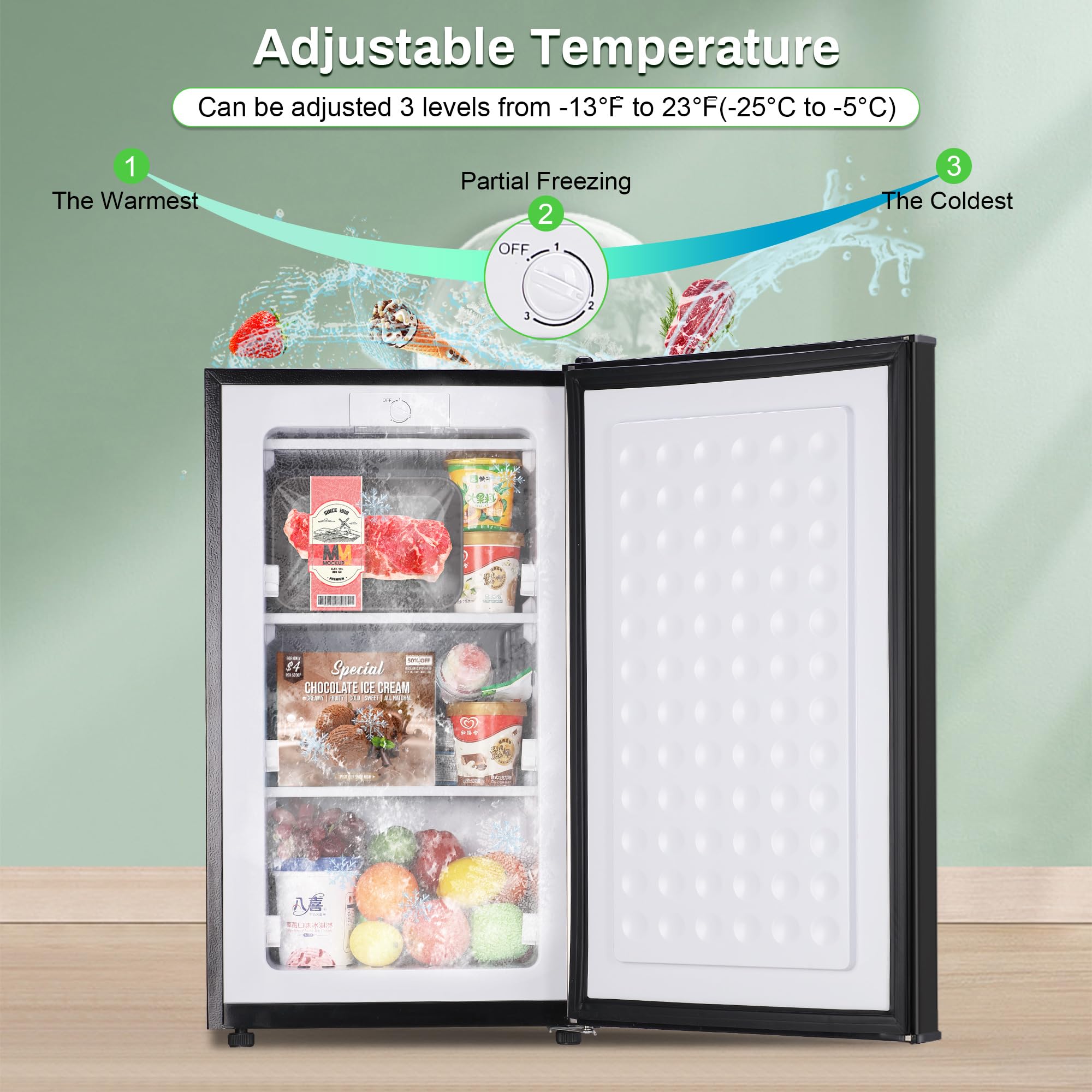 3.6 Cu Ft Upright Freezer - Mini Deep Freezer with Removable Baskets & 3-Temp Settings (-13°F to 23°F), Manual Defrost, Reversible Stainless Steel Door - Perfect for Home, Kitchen, Garage, or Basement Storage (Black)