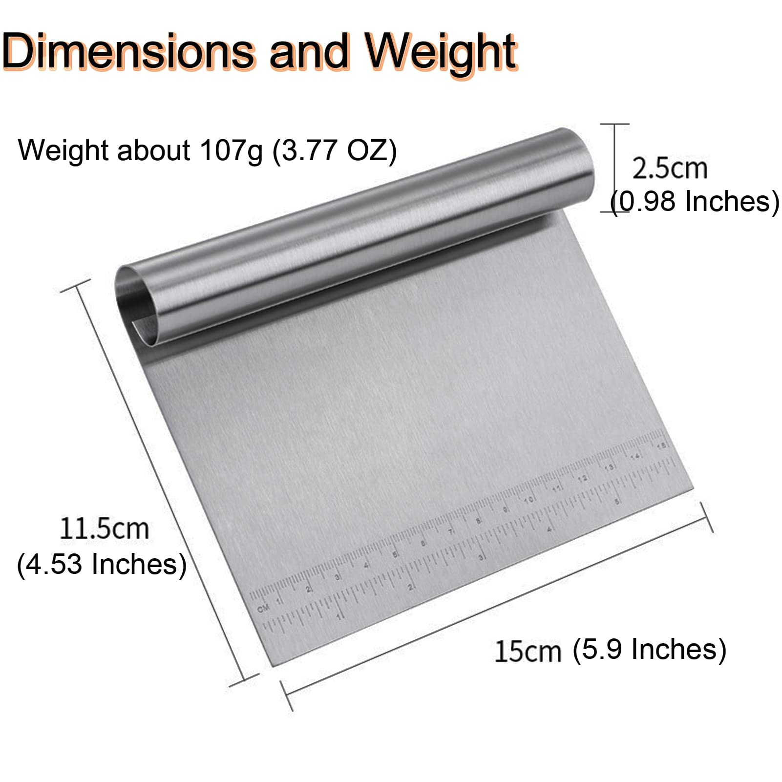 Premium Stainless Steel Dough Scraper - Multi-Purpose Kitchen Tool for Baking, Cake Decorating & Pizza Making - Includes Measuring Scale - Ideal for Pastry Chefs & Home Bakers (Perfect for Cutting Dough, Cleaning Work Surfaces & Portioning Ingredients)