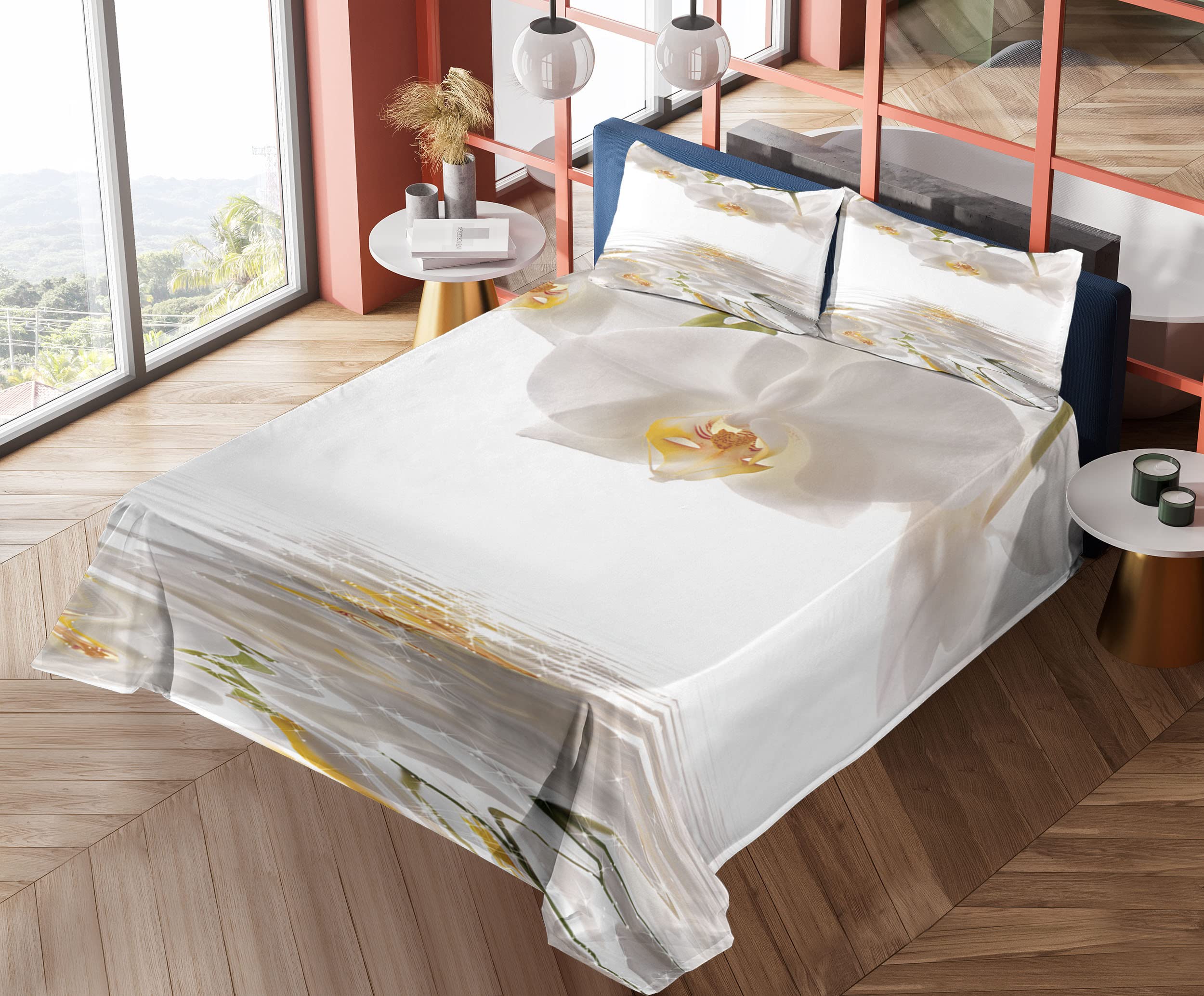 Ambesonne Floral Bedding Set - Romantic Orchid Branch on Water Print 4-Piece King Size Sheet Set with Fitted Sheet, Flat Sheet & Pillowcases (Off-White & Orange) | Perfect for Master Bedroom, Guest Room & Vacation Homes