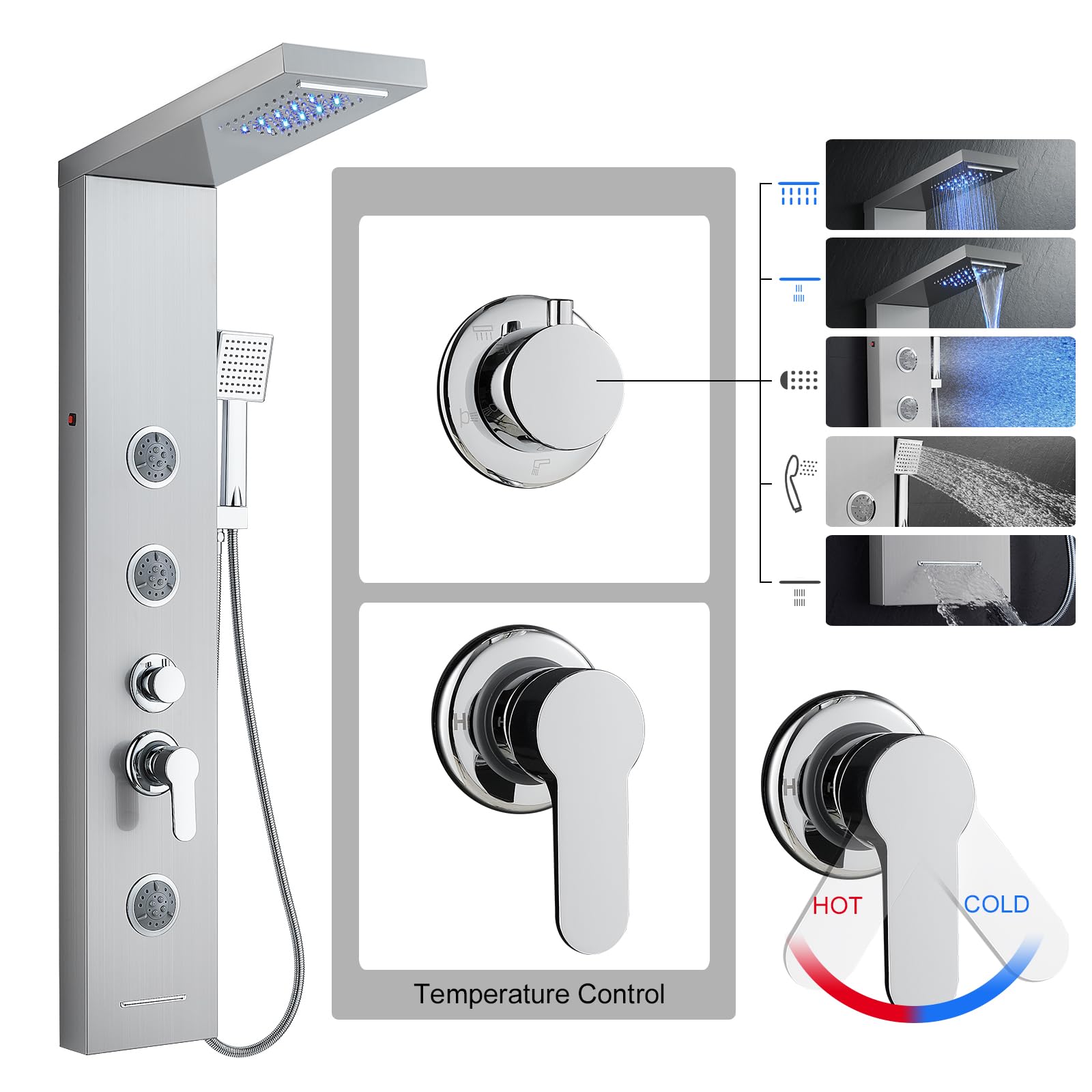 5 in 1 Shower Panel Tower System with LED Lights - Rainfall & Waterfall Shower Head, 3 Adjustable Body Jets, Handheld Shower & Tub Spout (Brushed Nickel) - Luxury Bathroom Upgrade for Spa-Like Experience at Home