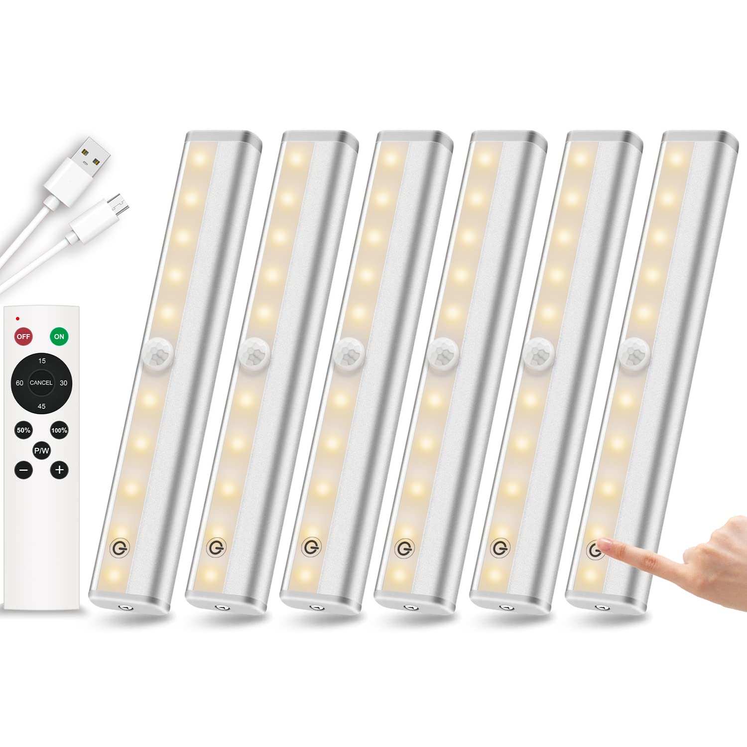 6 Pack Wireless Remote Control Under Cabinet Lighting - 20-LED Dimmable Rechargeable Closet & Counter Lights, Touch Stick-On Night Light Strip Bar for Kitchen, Stairway, Bedroom (3 Color Options) - Perfect for Home, Office & Commercial Spaces