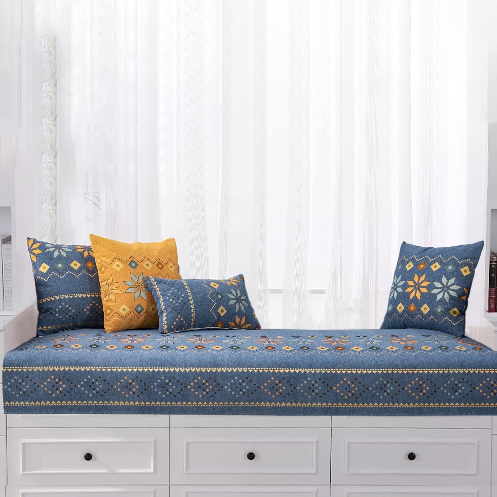 Boho Bay Window Cushion - Non-Slip Chenille Window Seat Mat for Indoor Decor | Perfect for Bay Windows, Window Seats, Sofas & Living Room Bohemian Home Decor