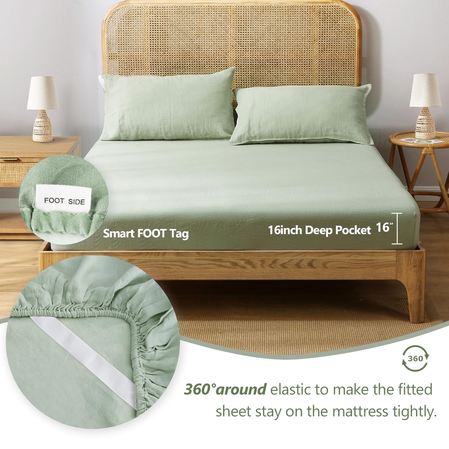 100% Organic French Natural Linen Bed Sheets Set - Stone Washed 3-Piece Ultra Soft & Breathable Luxury Bedding (Light Green, Twin Size) | Eco-Friendly Home Decor for Master Bedroom, Guest Room & Vacation Homes
