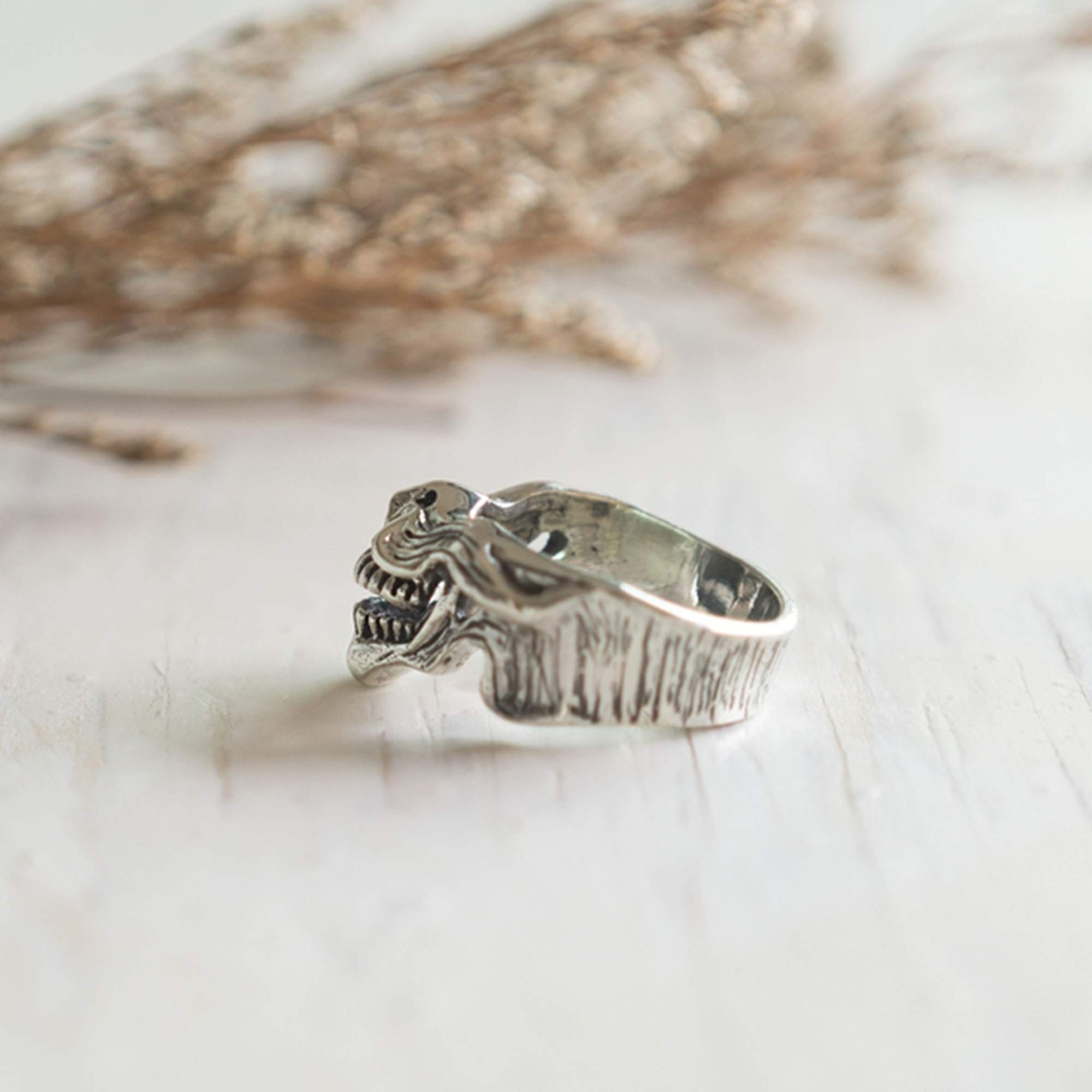 Devil Teeth Smile Ring - 925 Sterling Silver Skull Mask Biker Punk Vampire Jewelry for Halloween, Gothic Fashion & Motorcycle Accessories