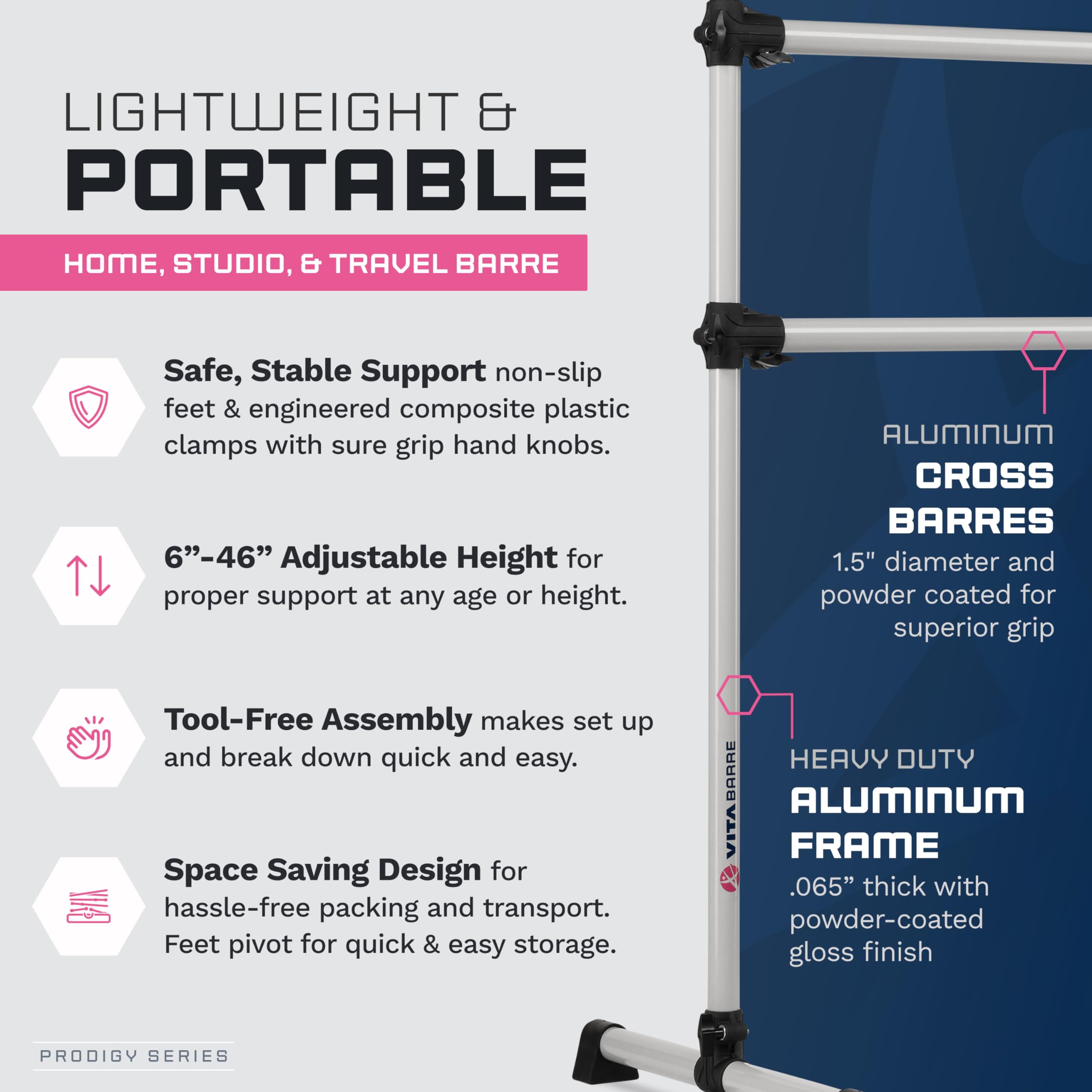 VITA Barre Portable Freestanding Double Ballet Barre - Adjustable Height Aluminum Dance Bar for Home & Gym - USA Made Exercise Equipment for Kids & Adults - Perfect for Ballet, Fitness, Pilates & Yoga Practice