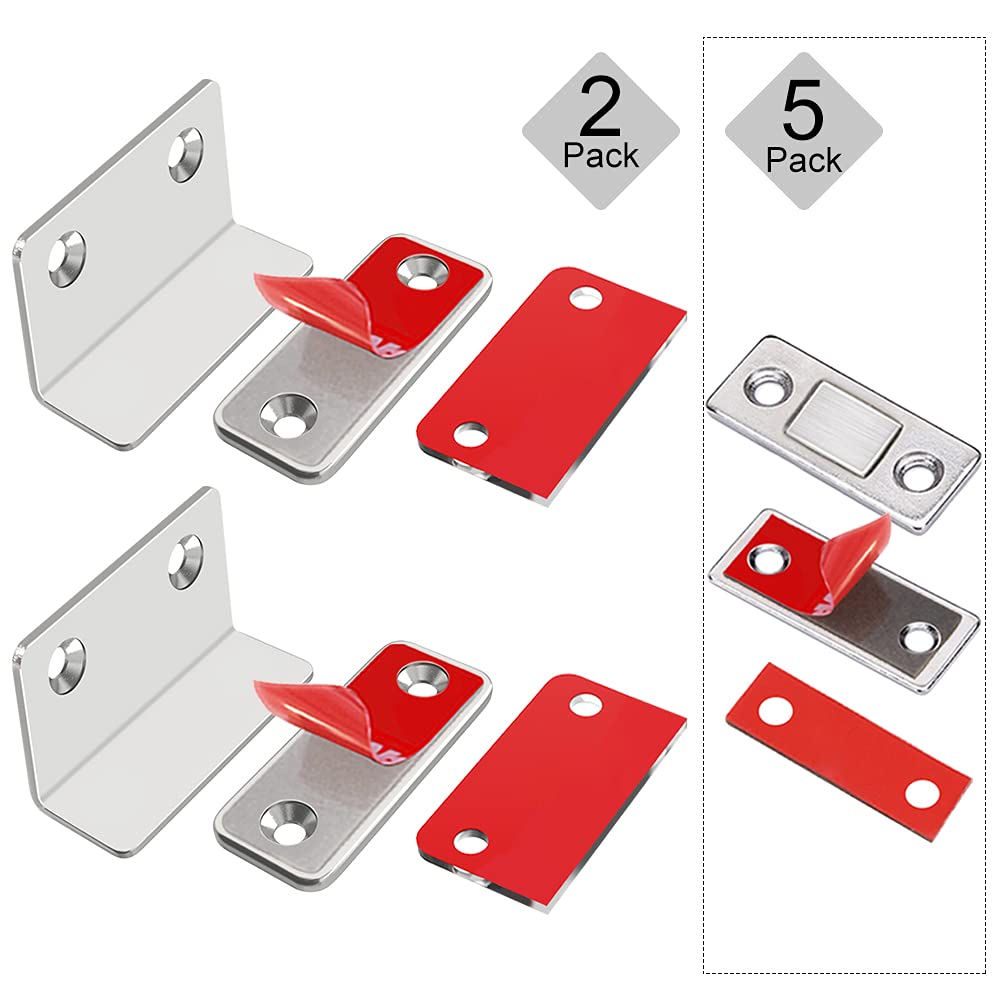 2 Pack L-Shaped Cabinet Magnetic Catches + 5 Pack Ultra Thin Magnet Cabinet Door Catches - Strong Adhesive Drawer Magnets & Magnetic Closures for Kitchen Cabinets, Closets, Wardrobes (Perfect for Securing Cabinet Doors & Drawers in Homes, Offices, and RVs)