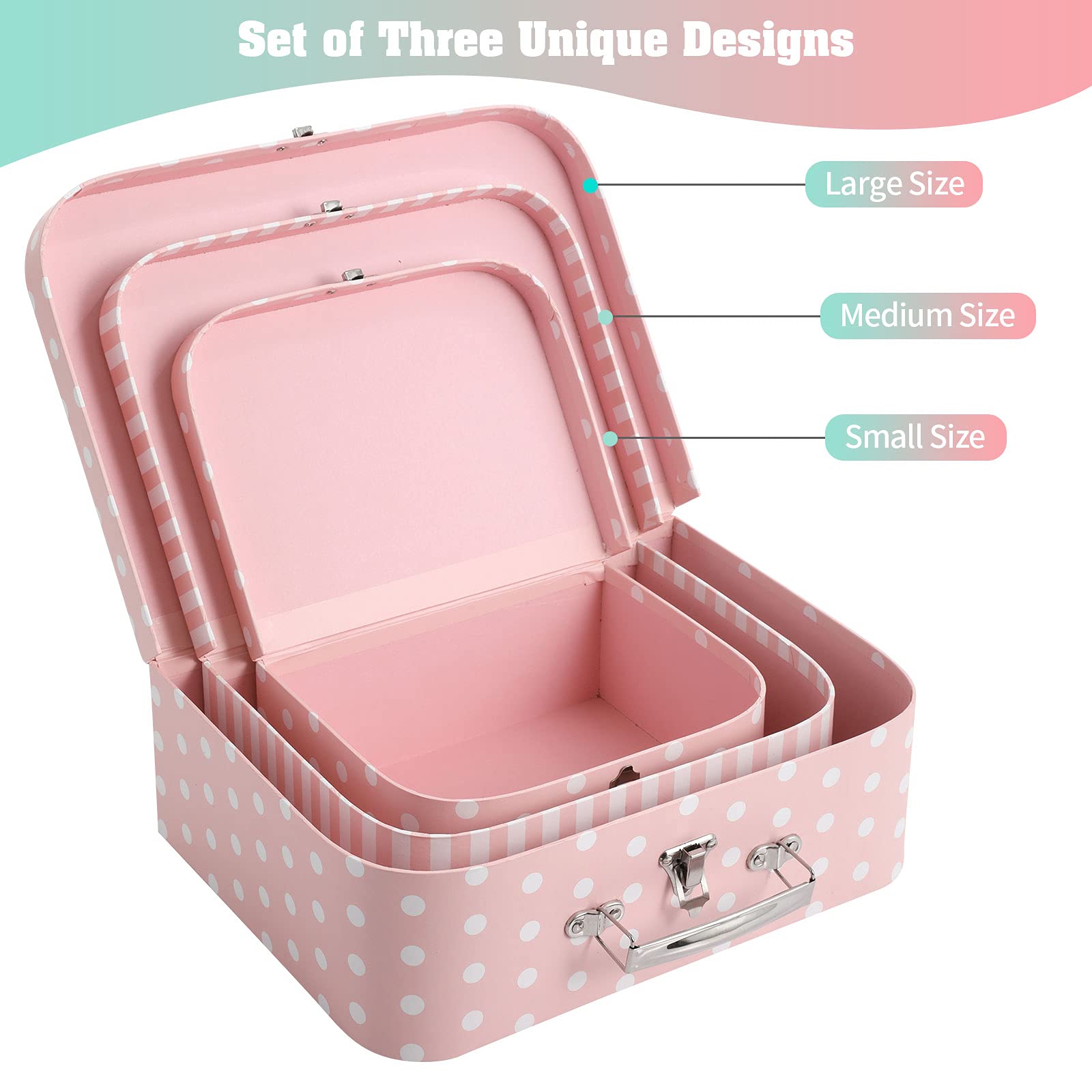 3-Piece Paperboard Suitcase Storage Box Set - Photo Organizer, Home Decor for Wedding, Birthday & Anniversary - Pink Polka Dot & Striped Design - Perfect for Memory Keeping, Gift Wrapping & Seasonal Decorations