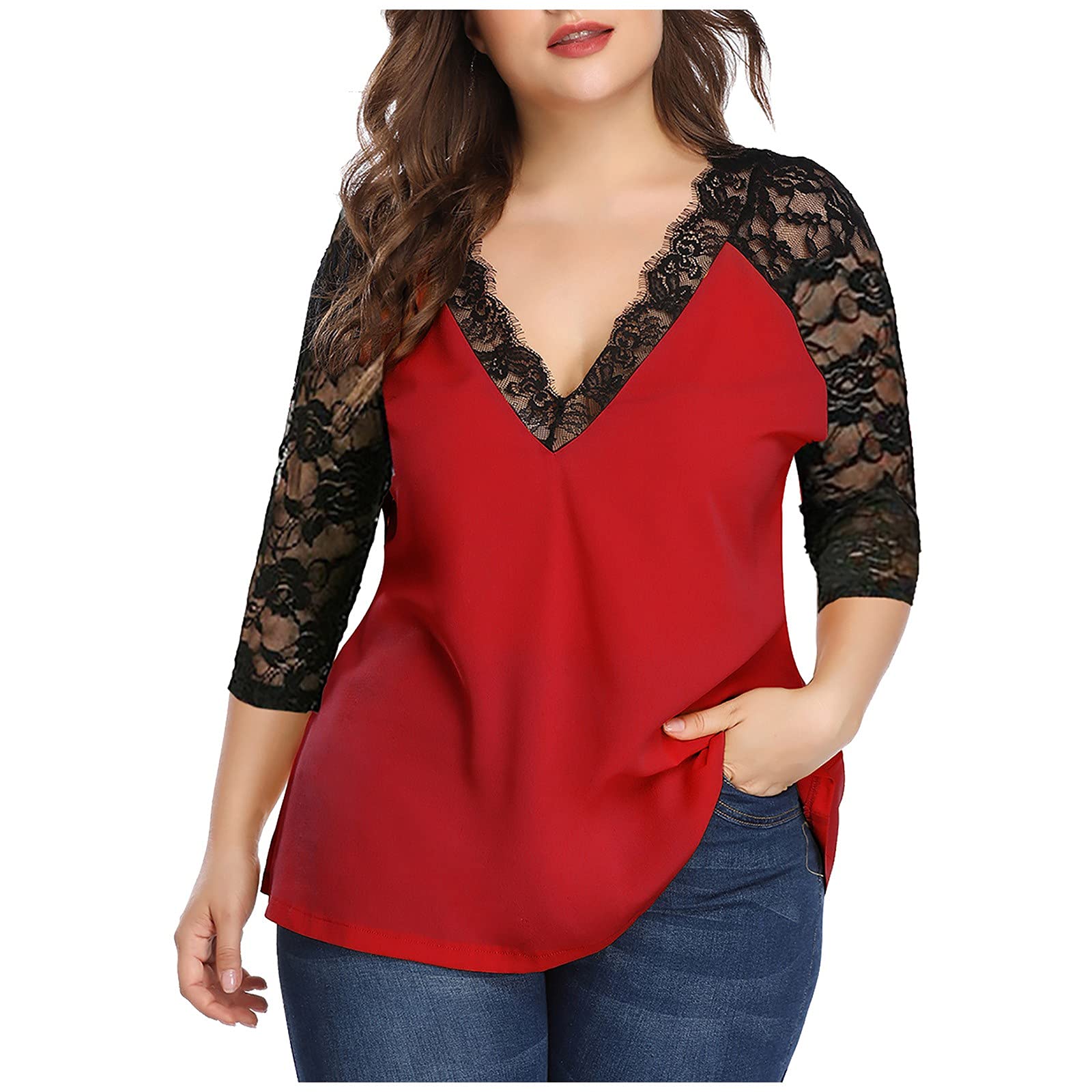Elegant Plus Size Women's 3/4 Sleeve V-Neck Lace Patchwork Chiffon Blouse - Fashionable & Sexy Tops for Casual Wear, Office, Date Night & Special Occasions