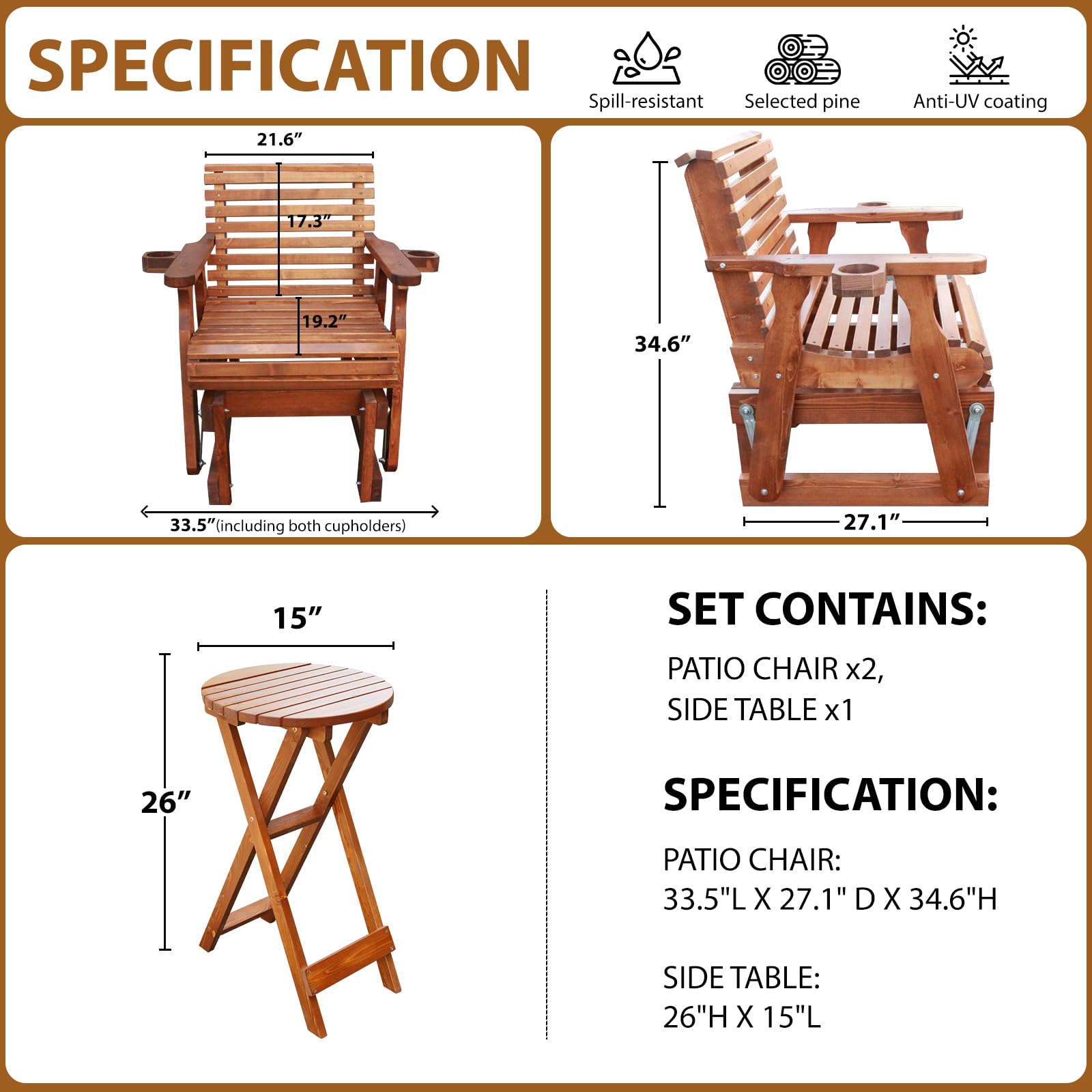 3-Piece Outdoor Glider Patio Furniture Set with Round Side Table - Wooden Porch Swing Chair with Cup Holder, High Back & Deep Contoured Seat - Perfect for Porch, Patio, Balcony & Garden Relaxation - Cedar Brown
