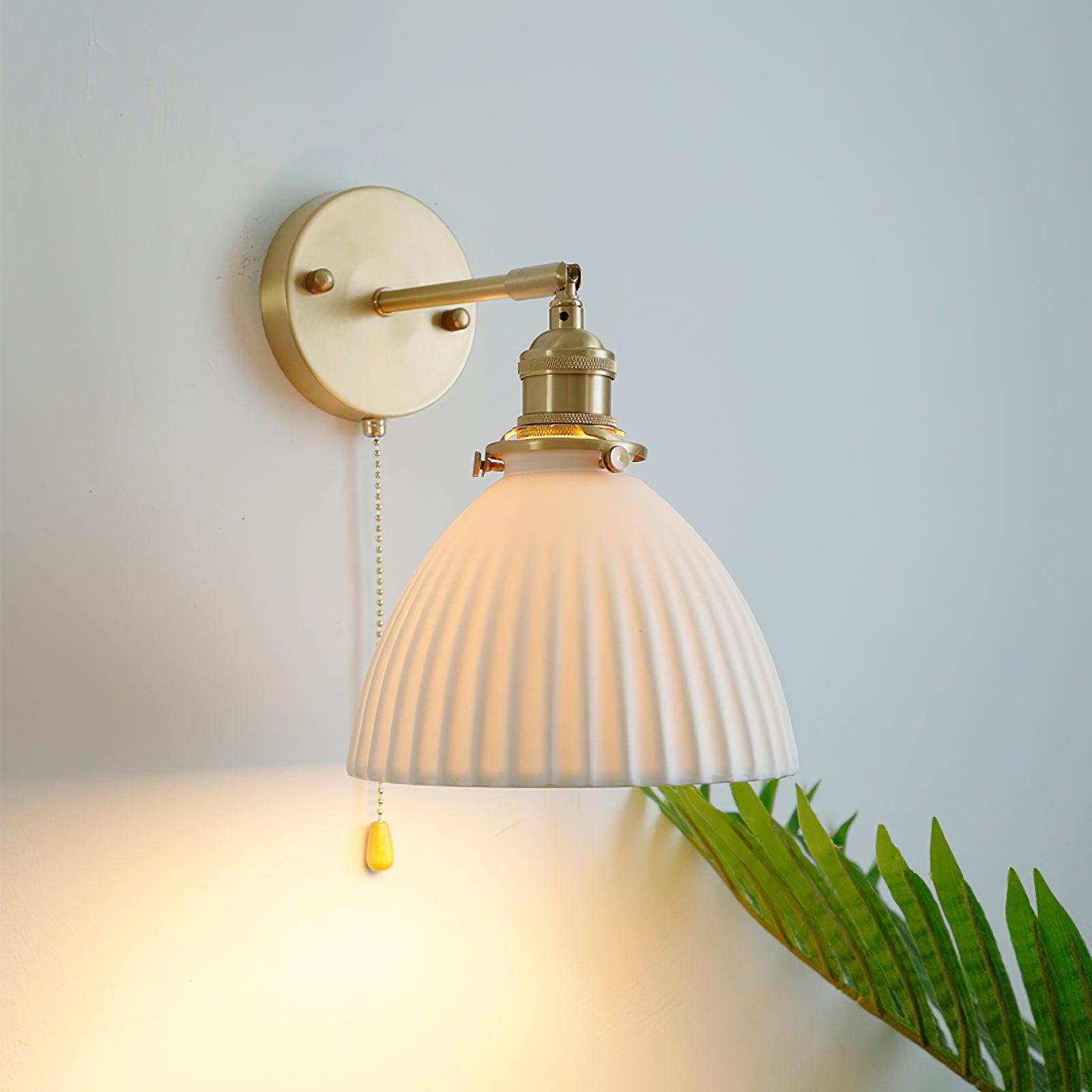 Brass Pleated Ceramic Wall Lamp - Vintage Style Sconce Lighting for Bedroom, Living Room & Hallway