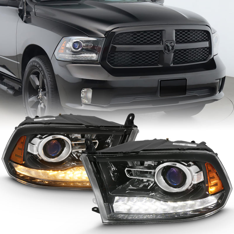 ANZO Projector Headlights for Dodge Ram 1500 (2009-2018) - Black Plank Style with Switchback & Halo LED Lights | Upgrade Your Truck's Style & Visibility for Night Driving & Off-Road Adventures