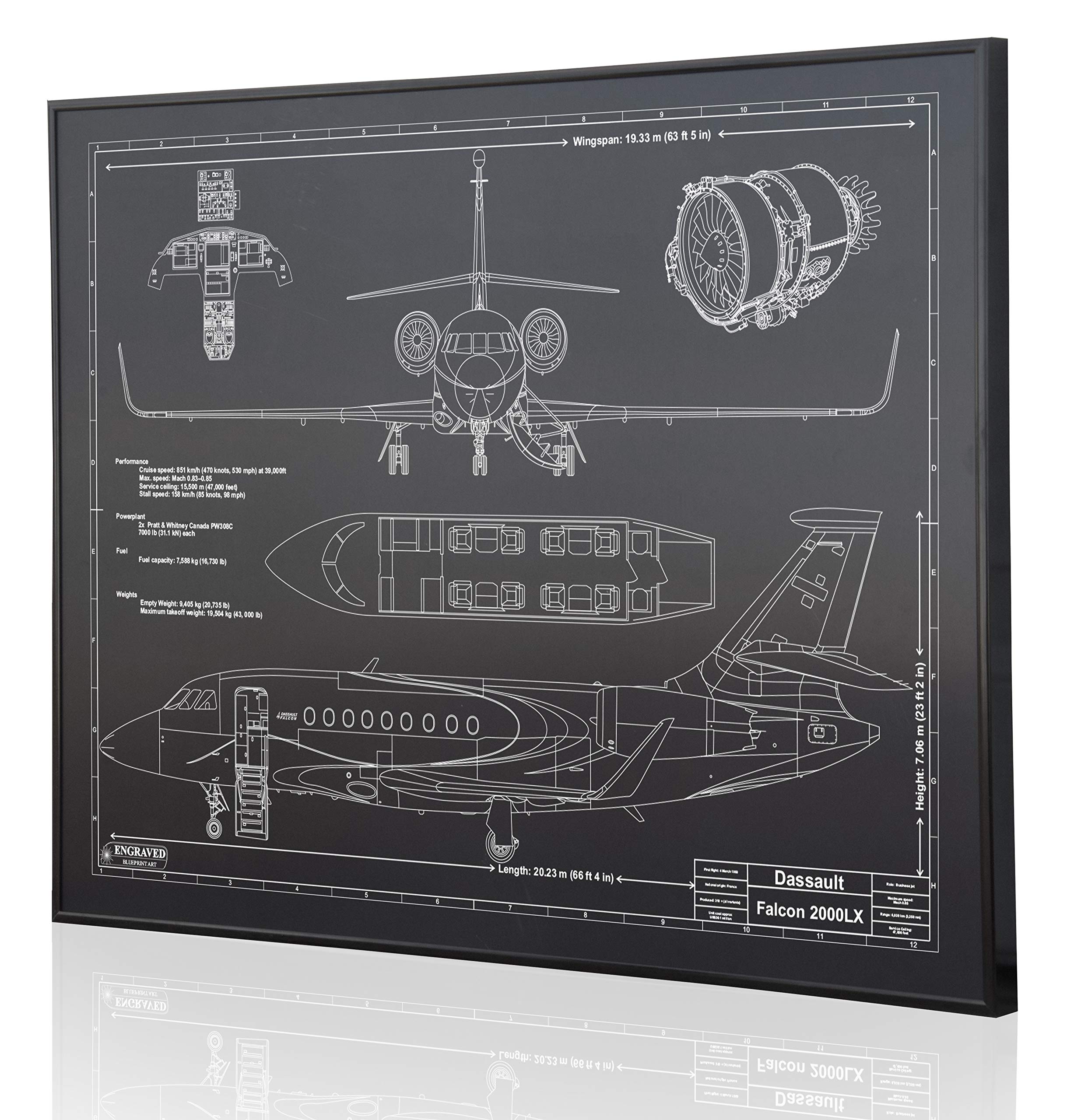Custom Dassault Falcon 2000LX Blueprint Artwork - Laser Engraved Aviation Decor - Unique Pilot Gift for Home & Office Display