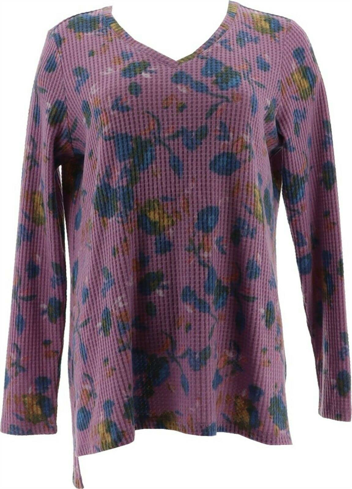 **Lori Goldstein V-Neck Waffle Knit Top with Logo Lounge Design | Women's Casual Pullover Sweater | Perfect for Fall & Winter Layering**