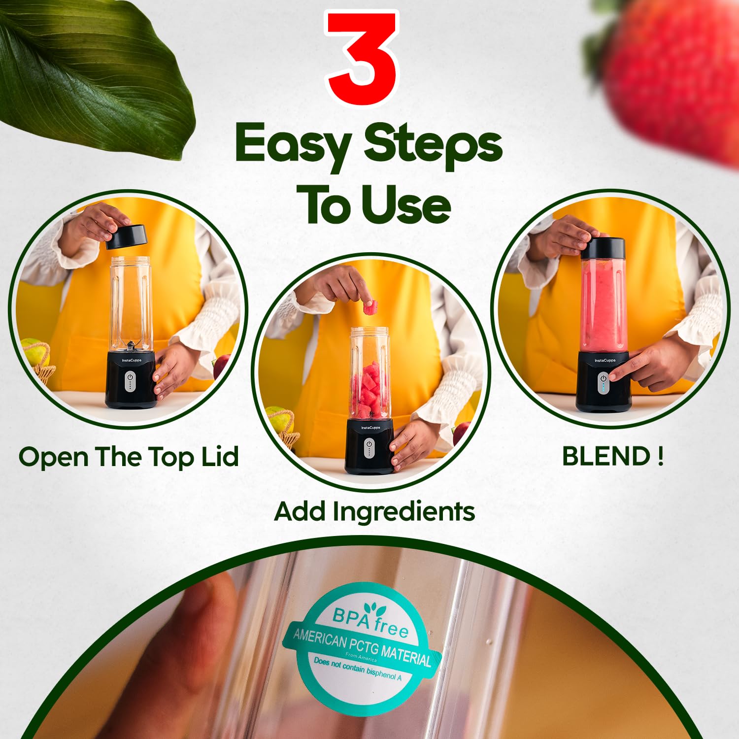InstaCuppa Portable Blender - 4000mAh USB Rechargeable Smoothie Maker with 230W Motor, 500ml Capacity | Crushes Ice for Juices & Shakes | Perfect for Busy Moms, Gym, Office & Travel | Electric Mixer Juicer for Healthy Drinks