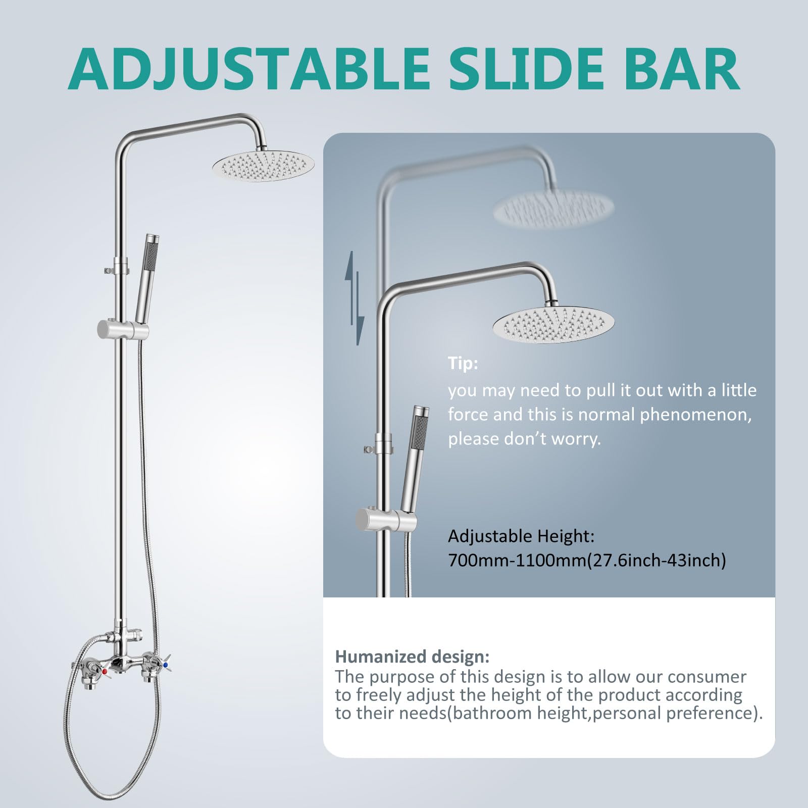 **Aolemi Outdoor Shower Kit - 2 Handle Faucet System with 8 Inch Rainfall Shower Head & Handheld Sprayer - Adjustable Height Polish Chrome Pipe - Perfect for Poolside, Beach, Camping & Garden Use**