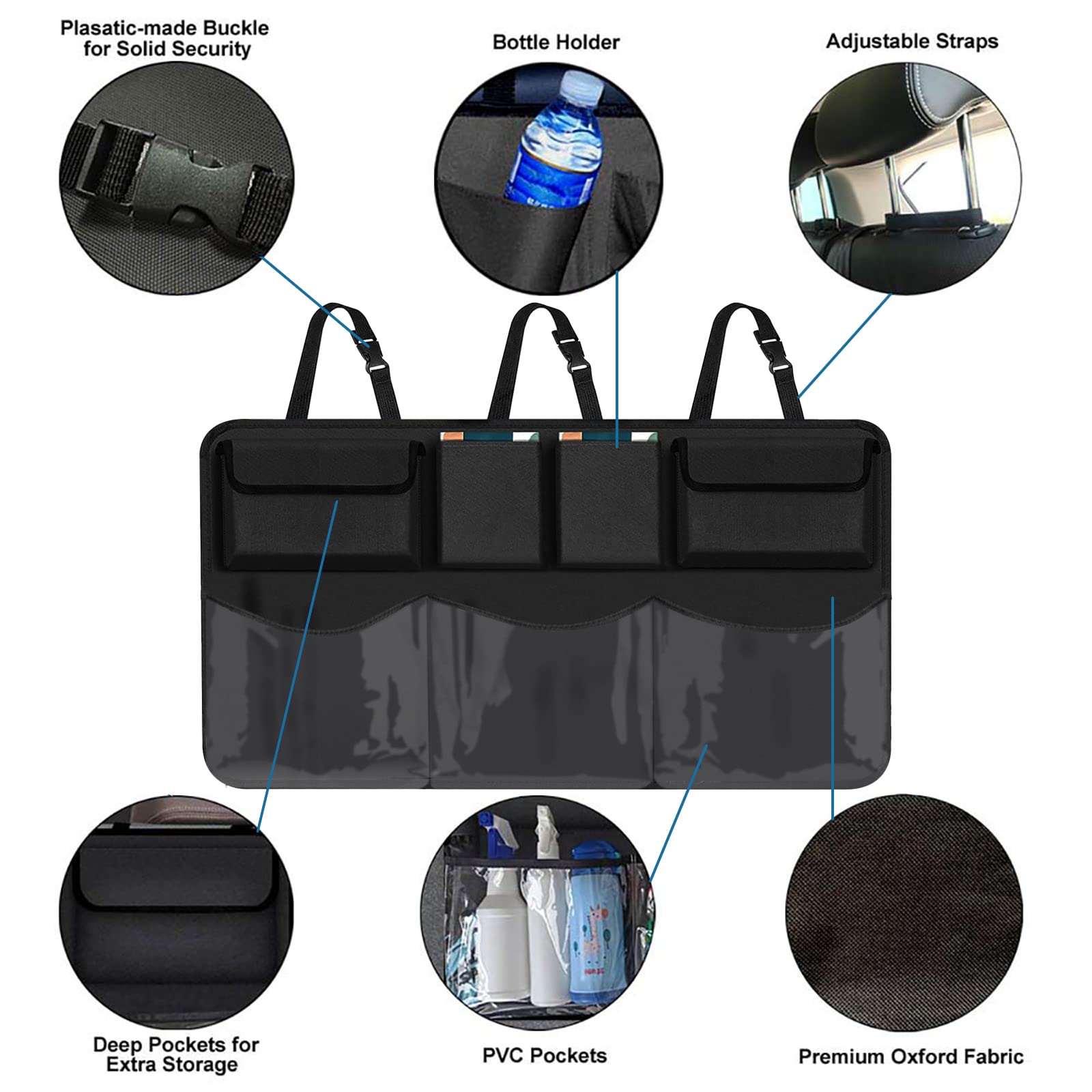 Car Trunk Organizer with 5 Large Storage Pockets - Backseat Hanging Organizer for SUV, Truck, Sedan - Space Saving Car Seat Organizer for Travel, Camping & Road Trips