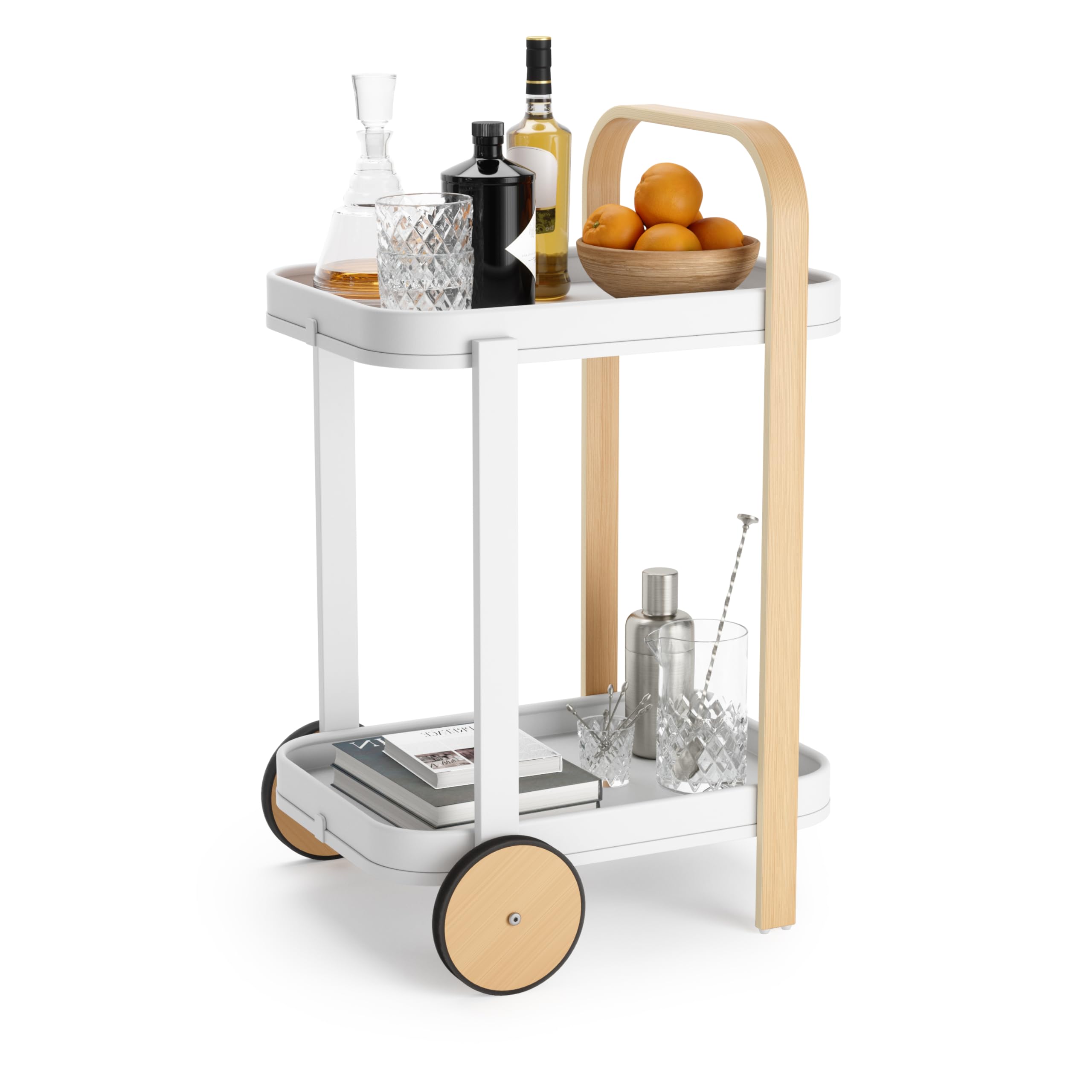 Umbra Bellwood Bar Cart - Modern Serving Trolley & Side Table in Natural/White Finish | Perfect for Home Bar, Living Room, and Outdoor Entertaining