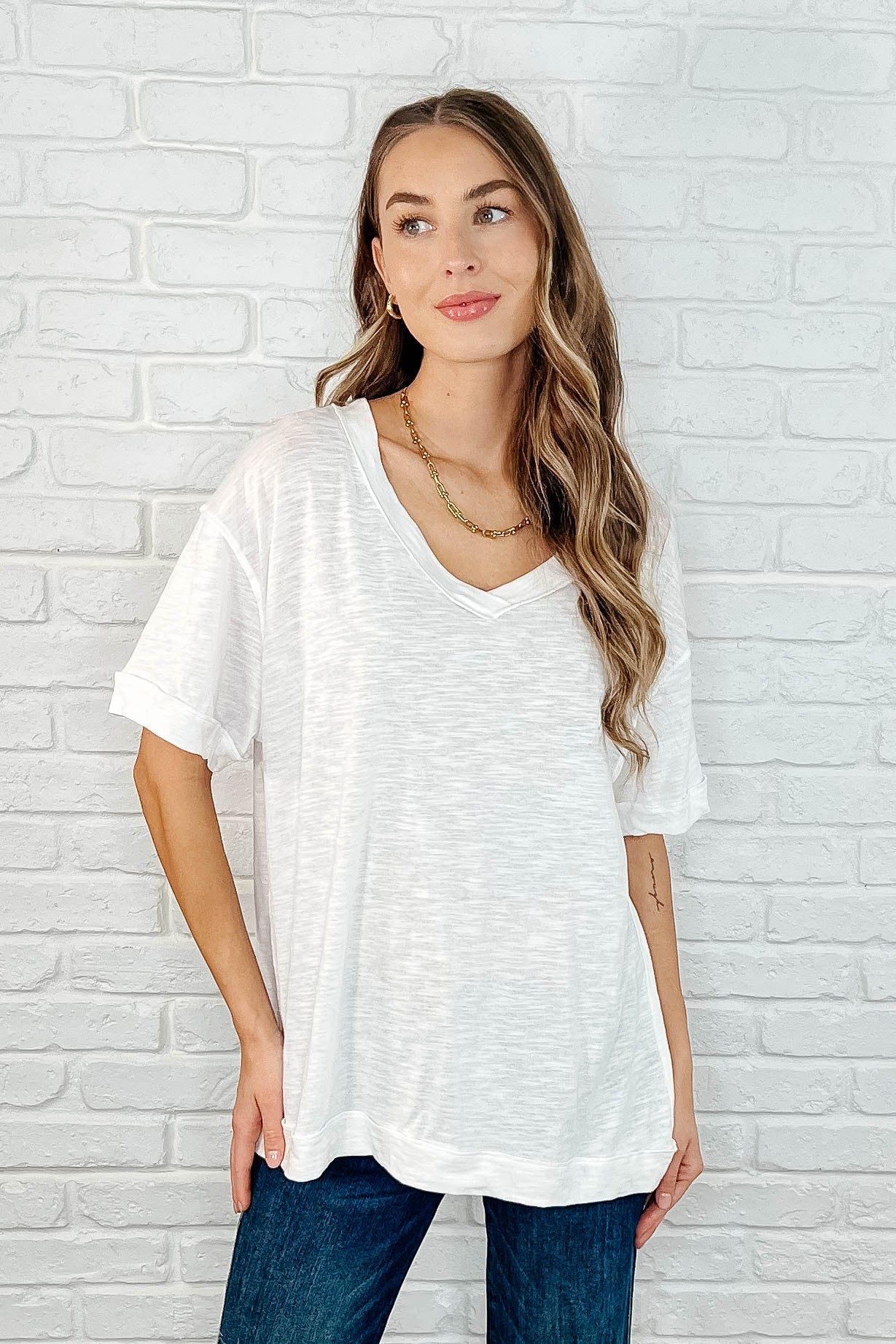 Basic Instinct Drop Shoulder V Neck Tee in Ivory | Women's Casual Loose Fit T-Shirt | Perfect for Everyday Wear, Weekend Outings & Layering